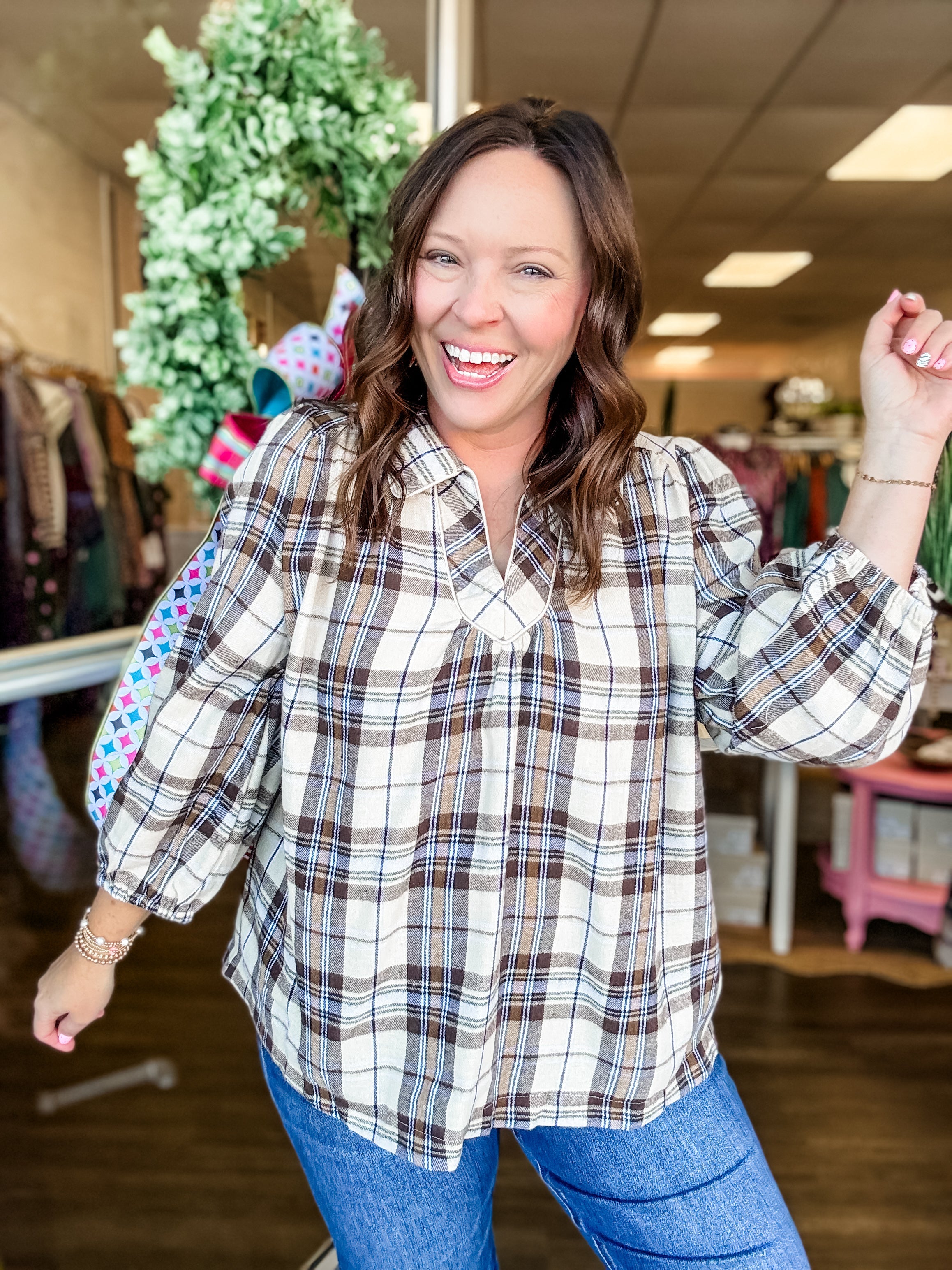 Plaid Flannel Split Neck Top - Just a Small Town Girl