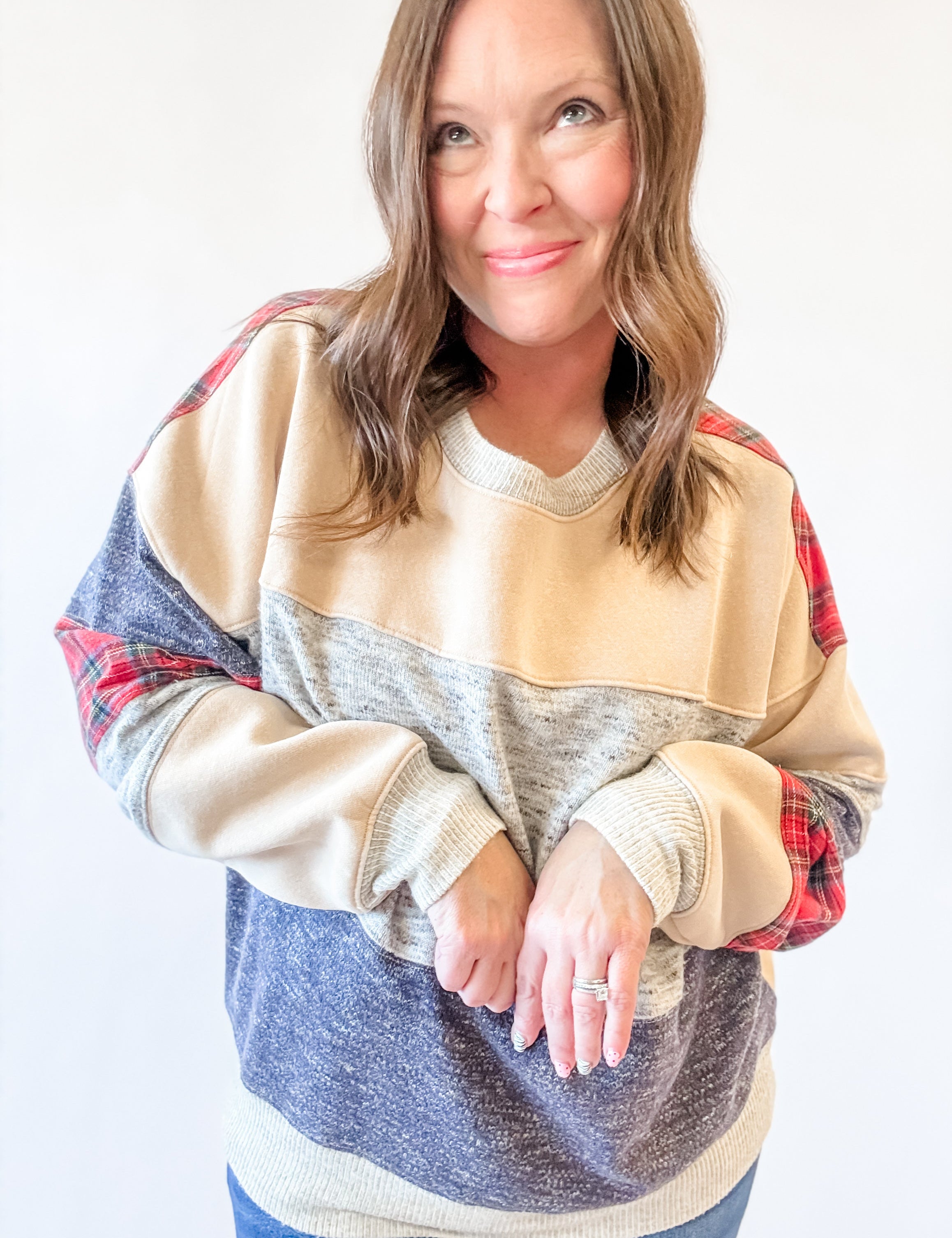 Plaid Patchwork Colorblock Sweatshirt - Just a Small Town Girl