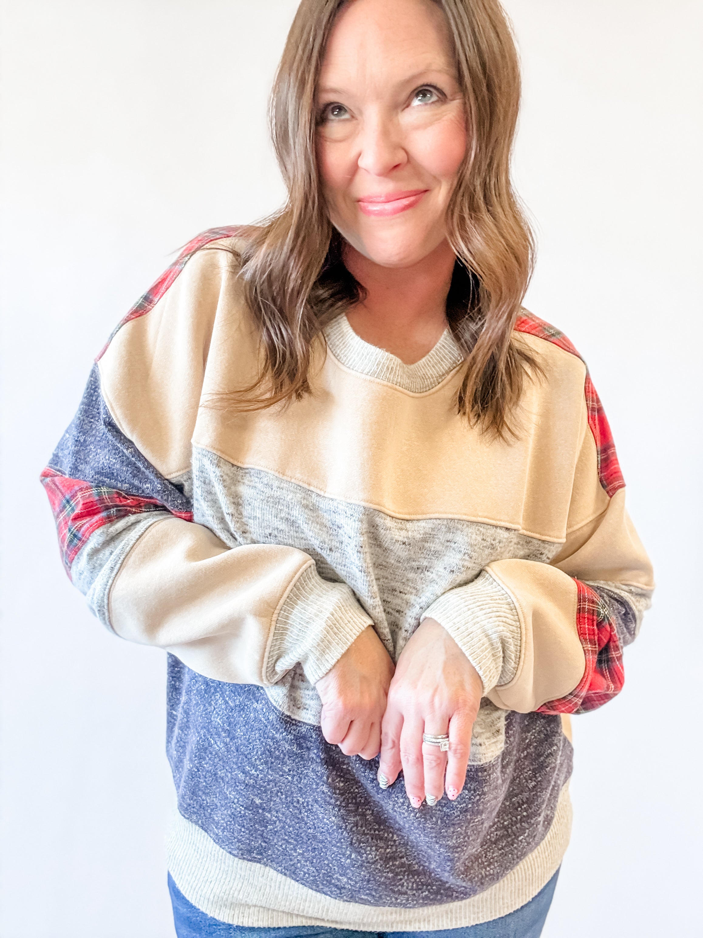 Plaid Patchwork Colorblock Sweatshirt - Just a Small Town Girl