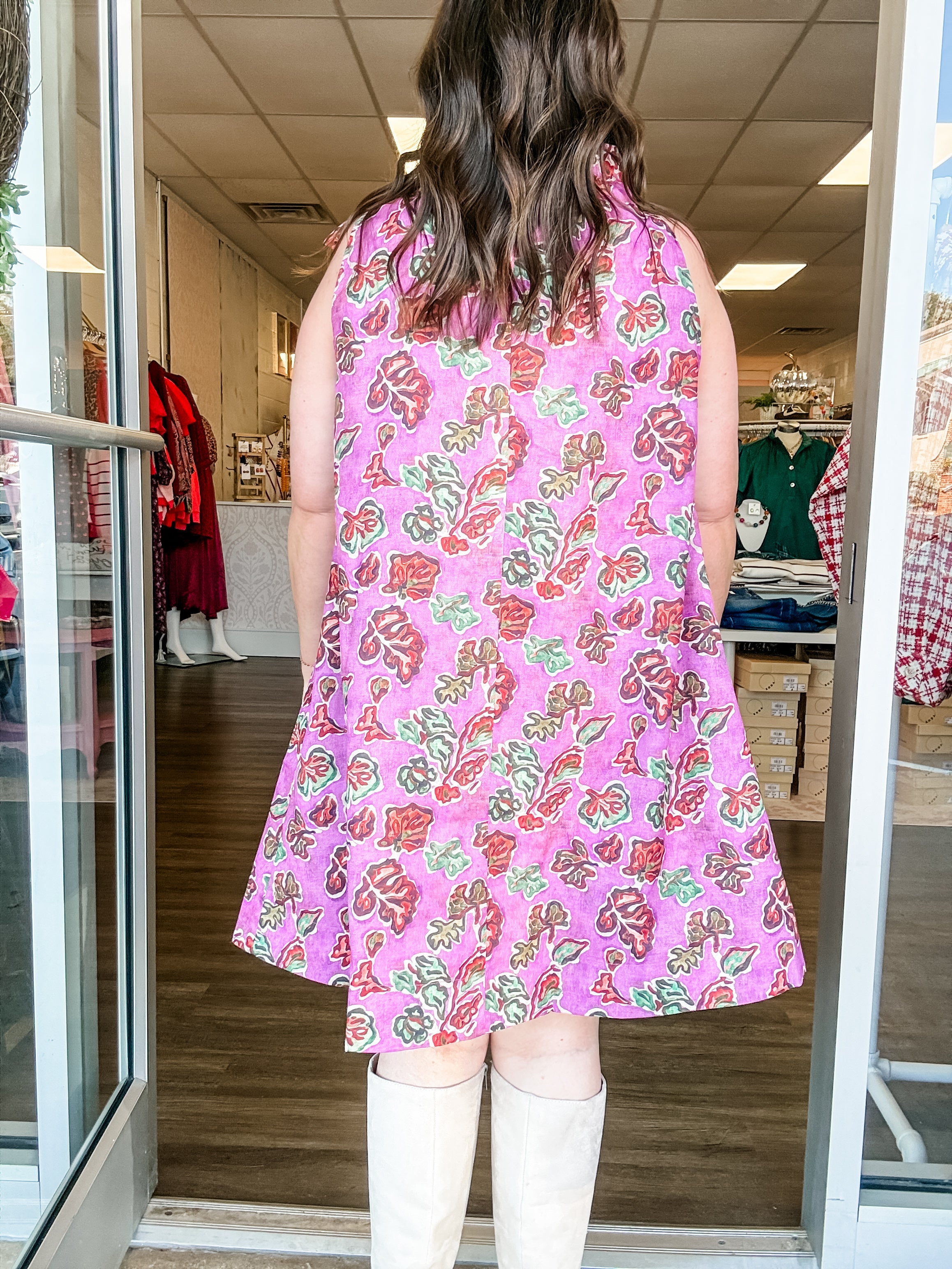 Plum Leaf Print Tie Neck Swing Dress - Just a Small Town Girl