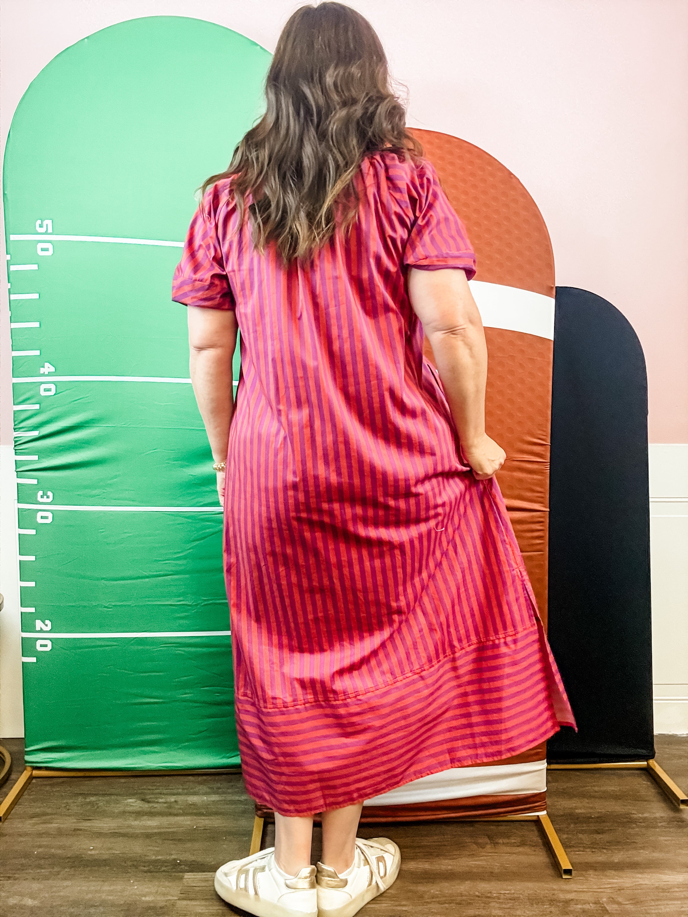 Plum Stripe Puff-Sleeve Midi Dress - Just a Small Town Girl