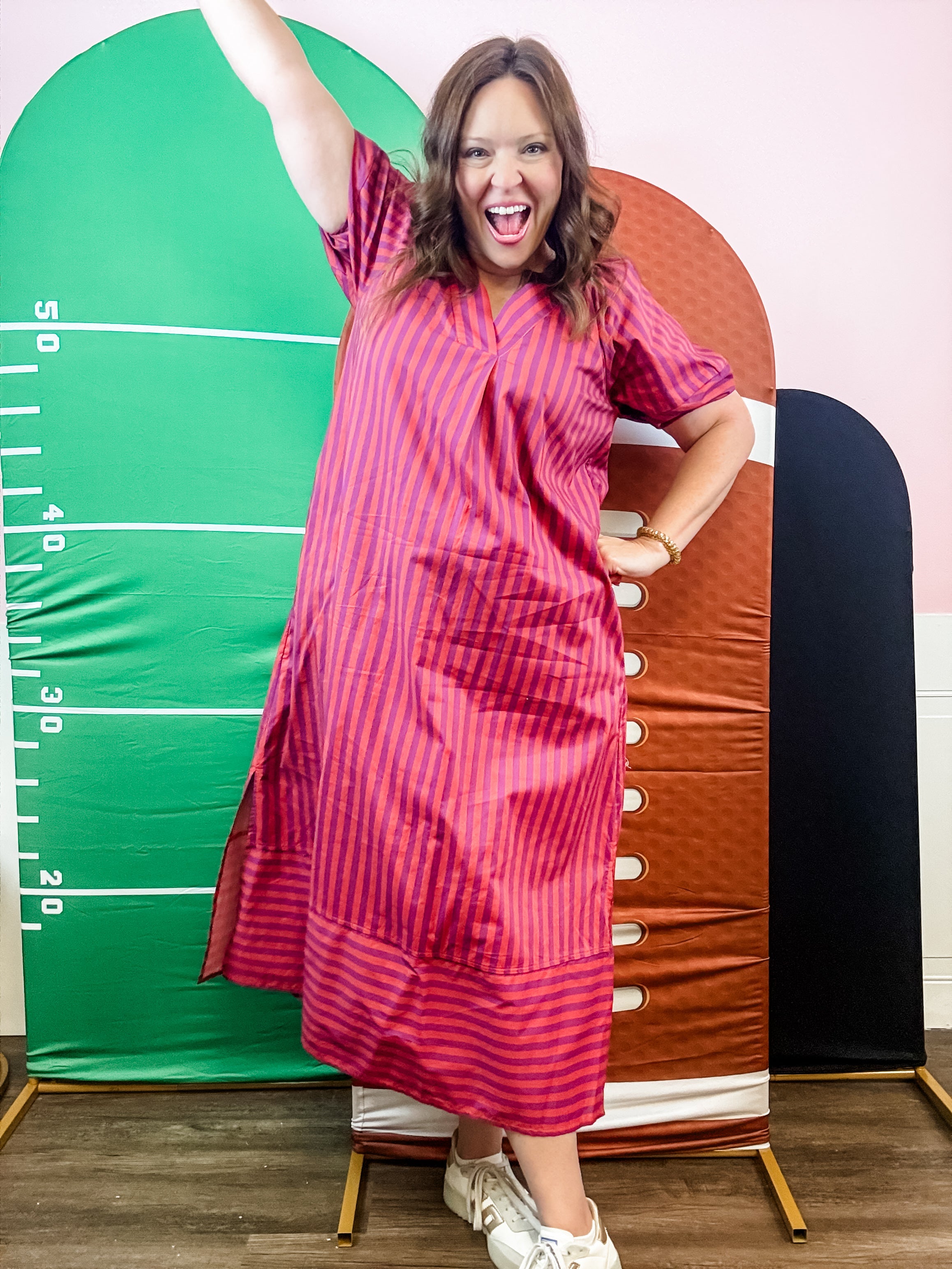 Plum Stripe Puff-Sleeve Midi Dress - Just a Small Town Girl