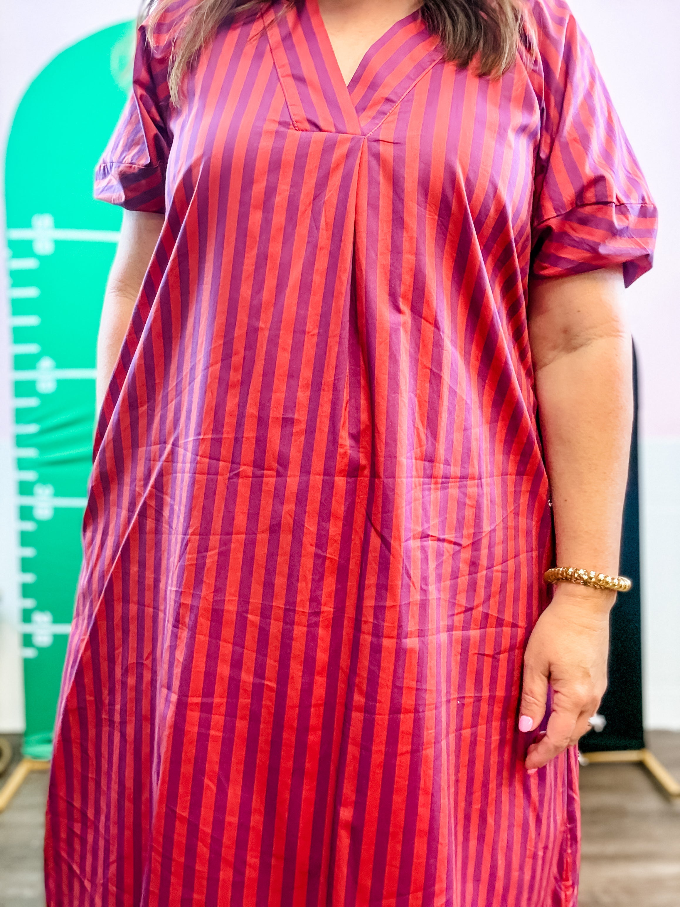Plum Stripe Puff-Sleeve Midi Dress - Just a Small Town Girl