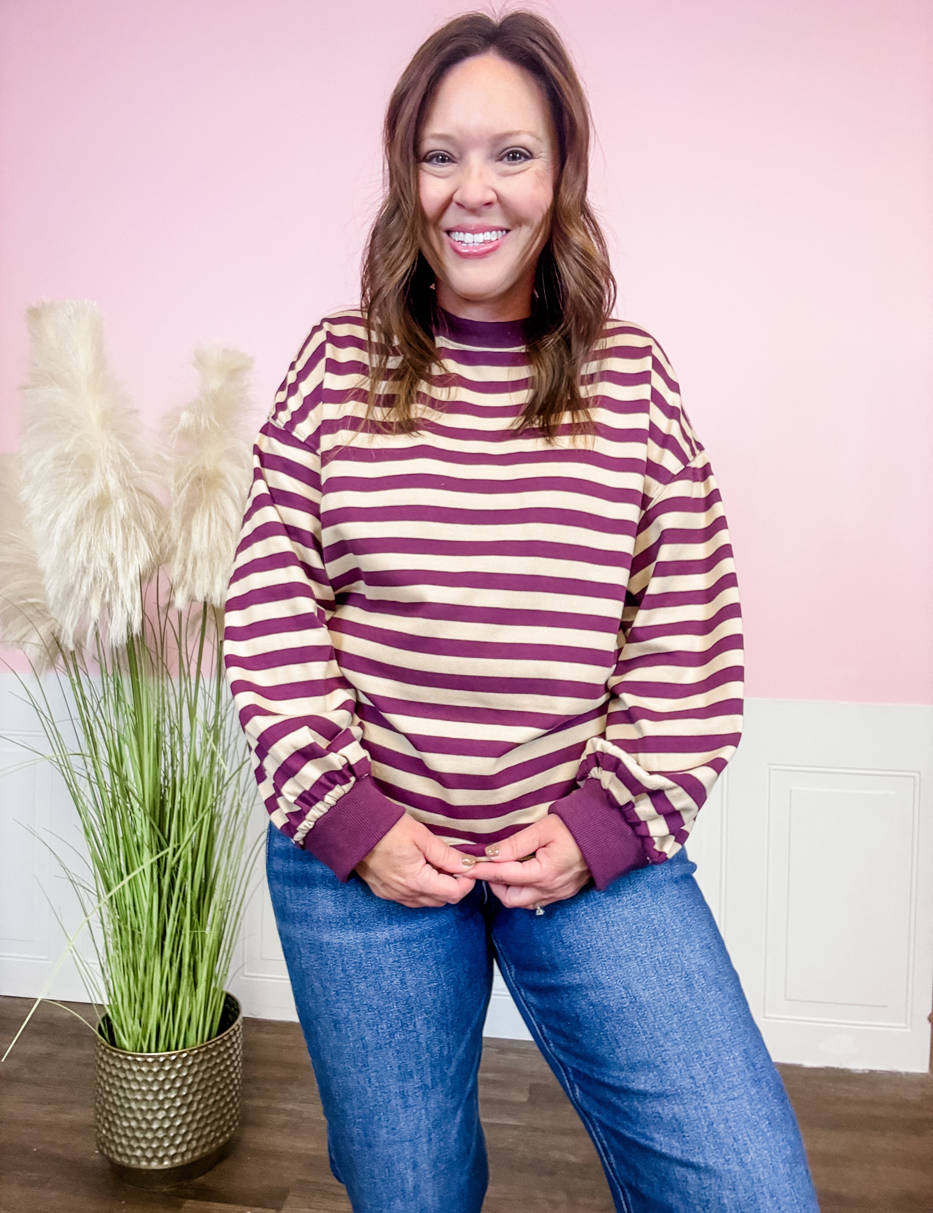 Plum Stripe Ribbed Crew Top - Just a Small Town Girl