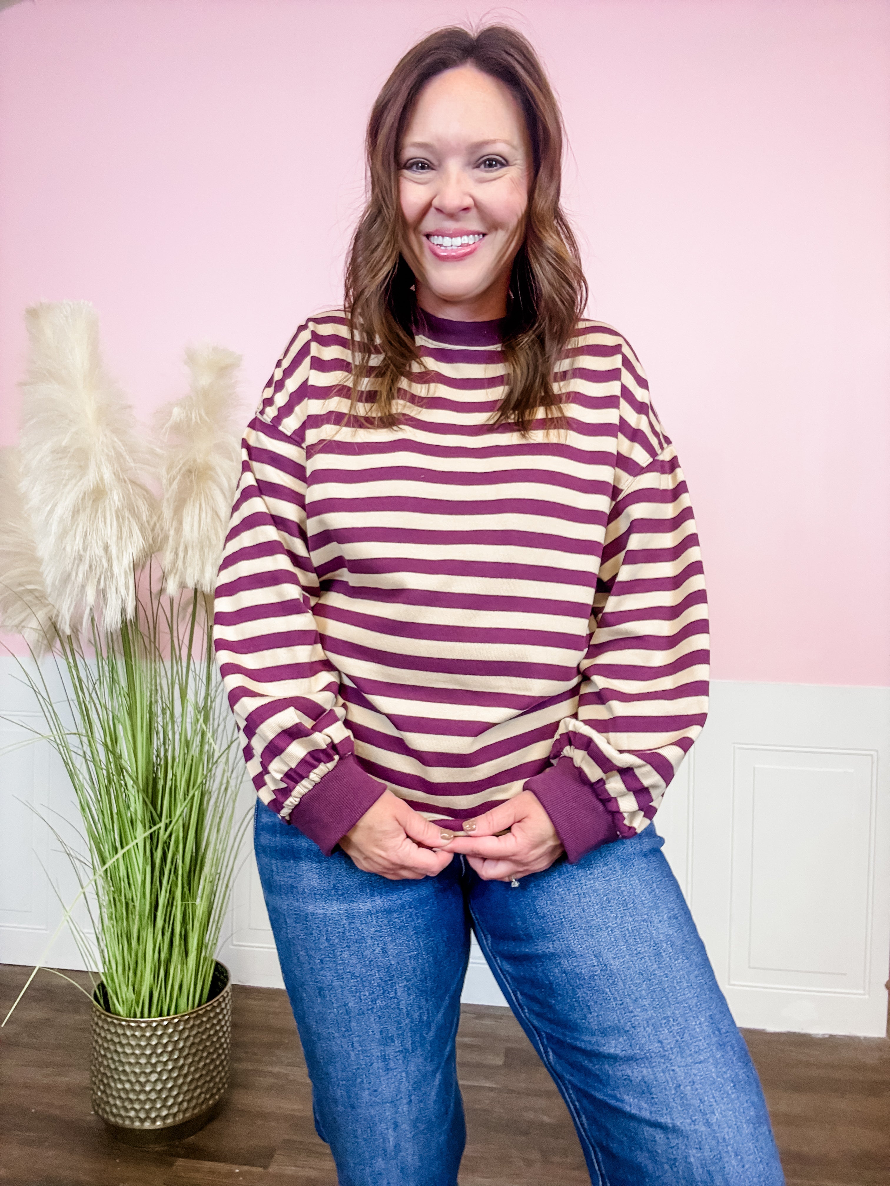 Plum Stripe Ribbed Crew Top - Just a Small Town Girl