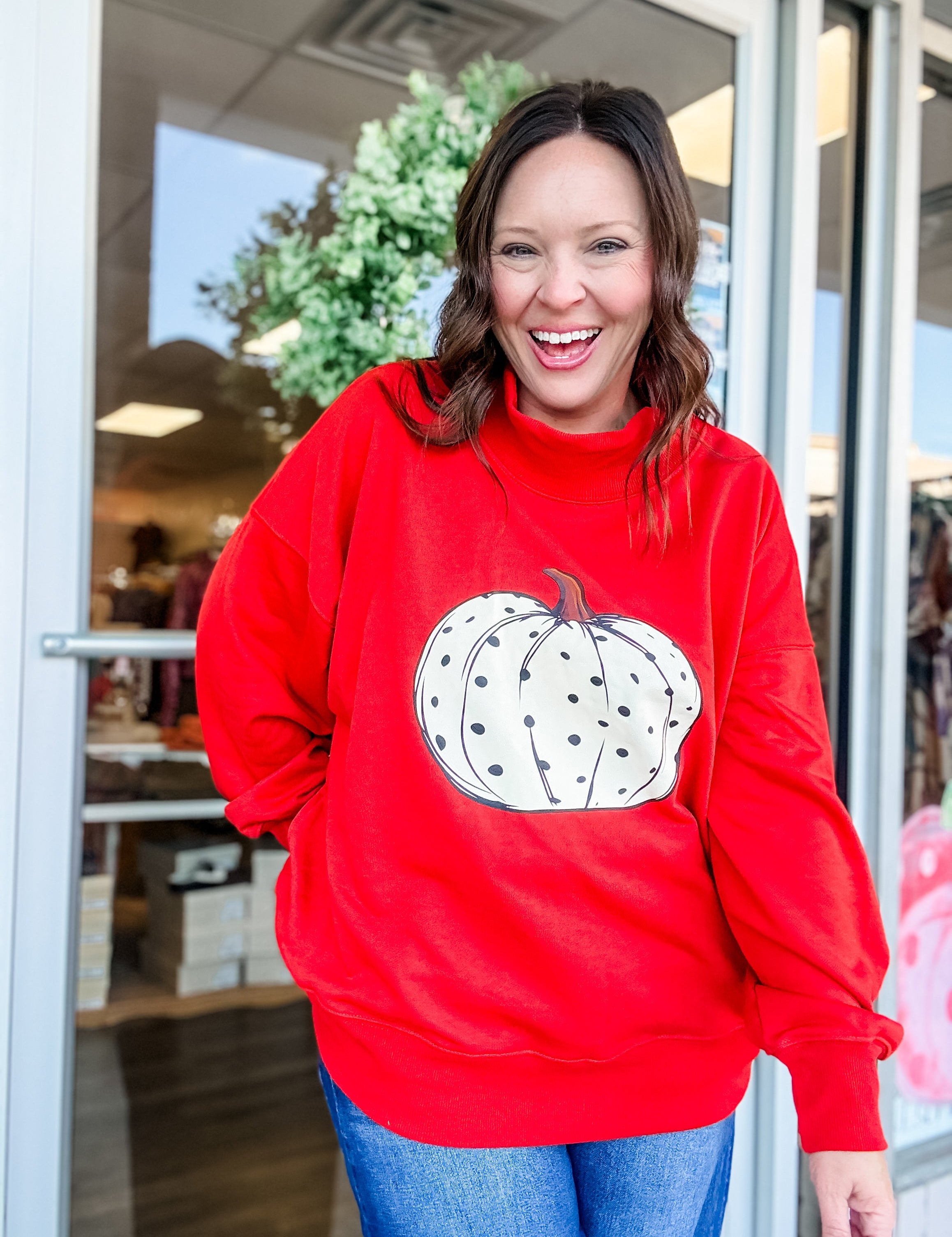 Polka Dot Pumpkin Mock Neck Sweatshirt - Just a Small Town Girl