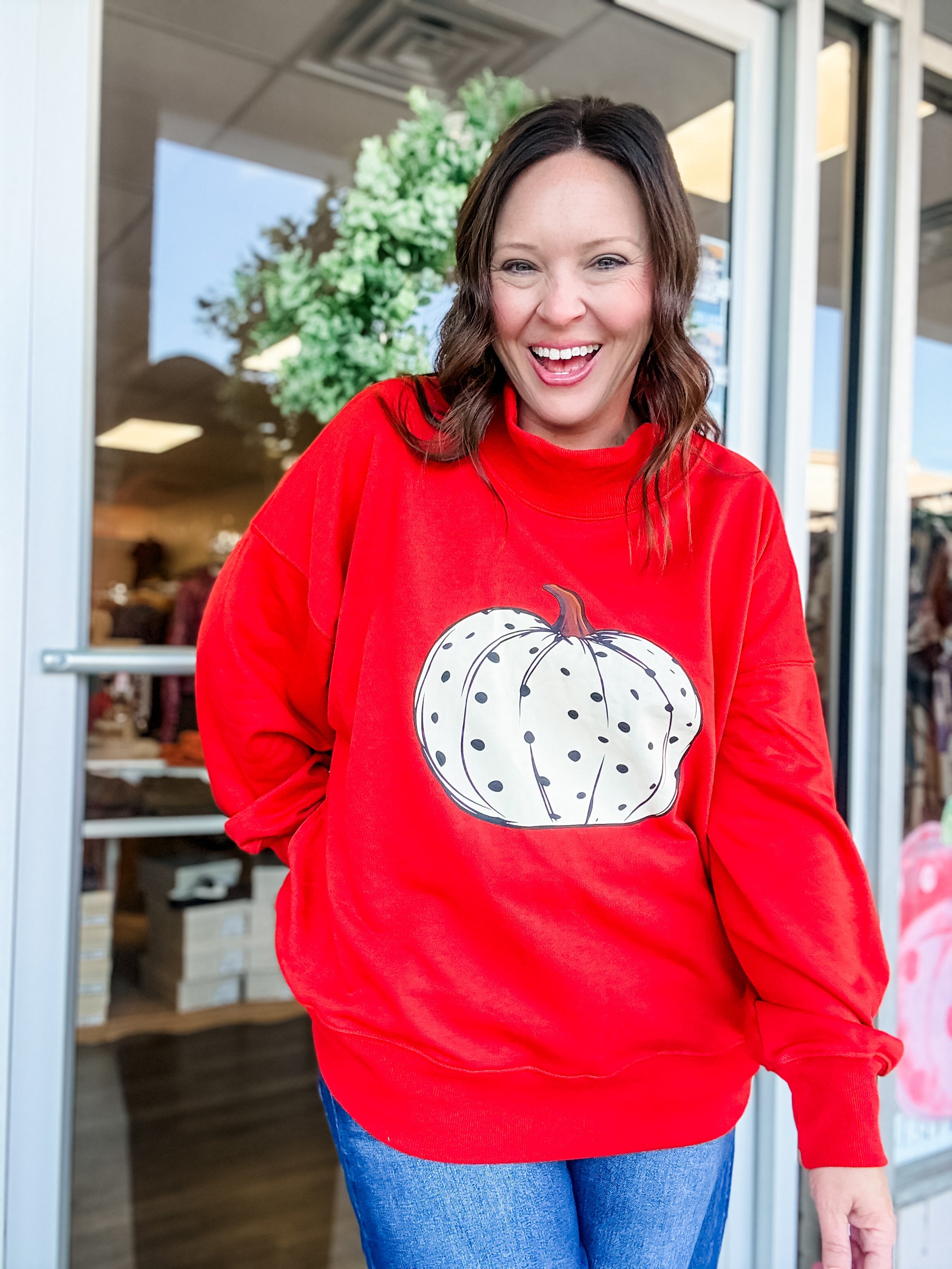 Polka Dot Pumpkin Mock Neck Sweatshirt - Just a Small Town Girl