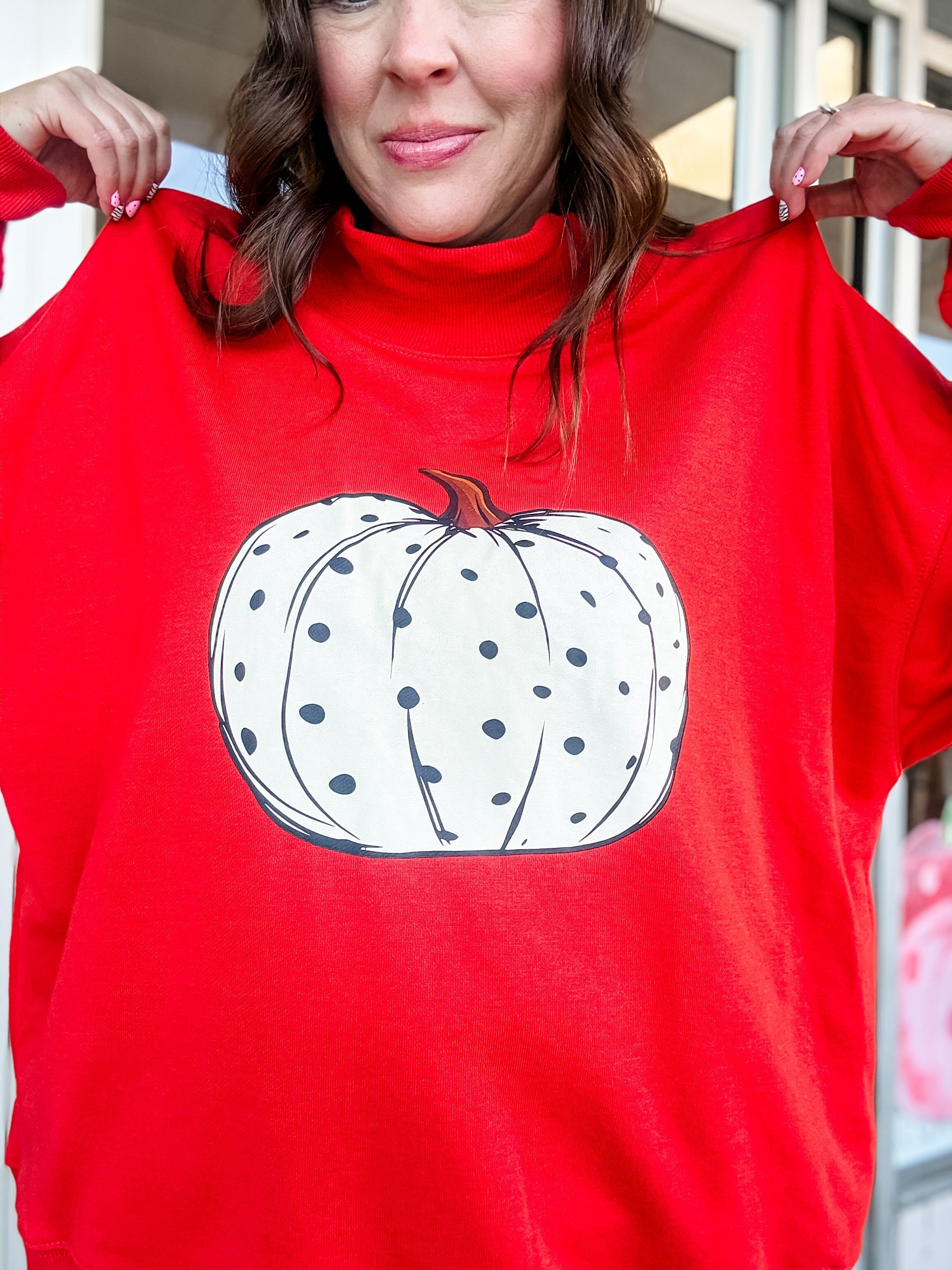 Polka Dot Pumpkin Mock Neck Sweatshirt - Just a Small Town Girl
