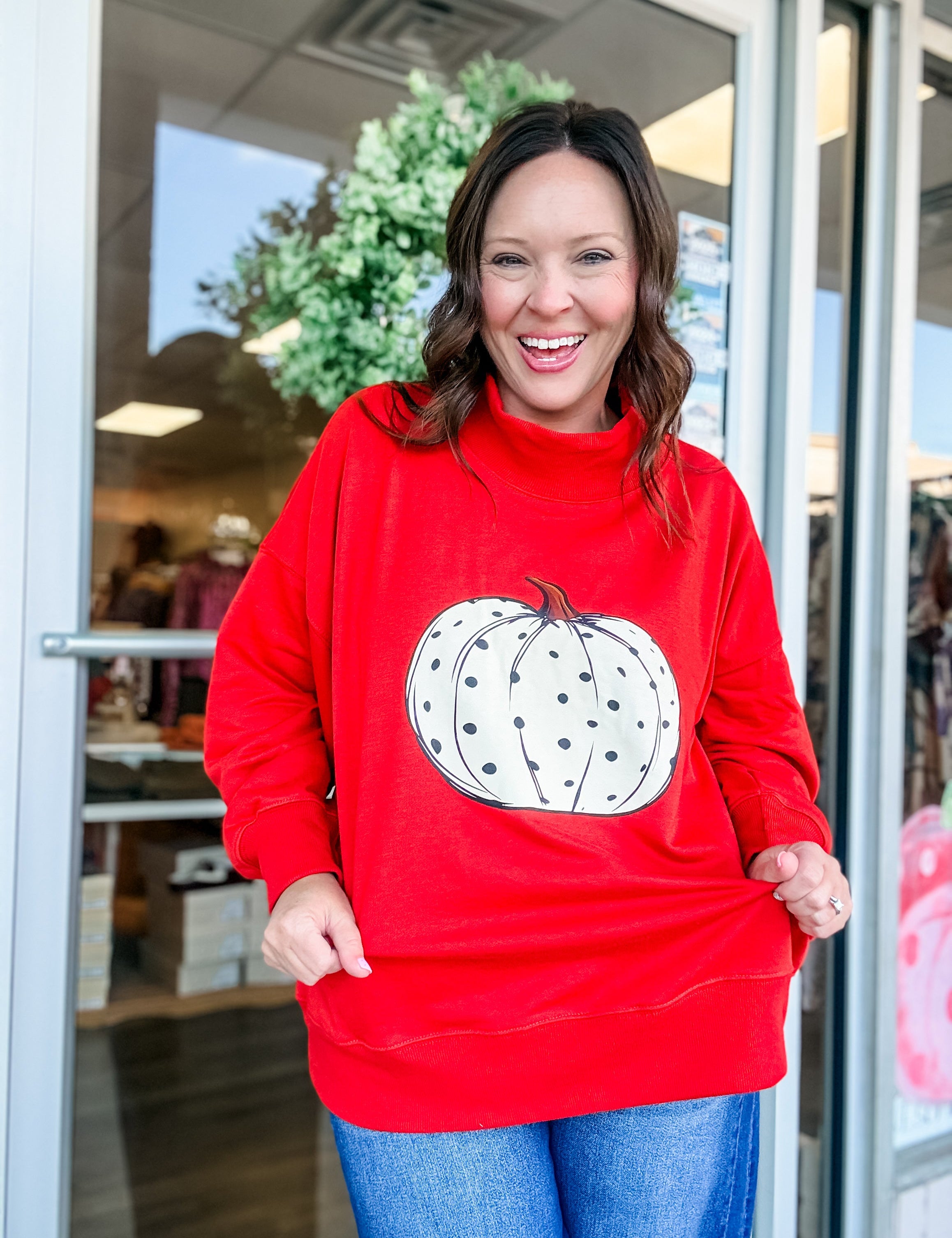 Polka Dot Pumpkin Mock Neck Sweatshirt - Just a Small Town Girl