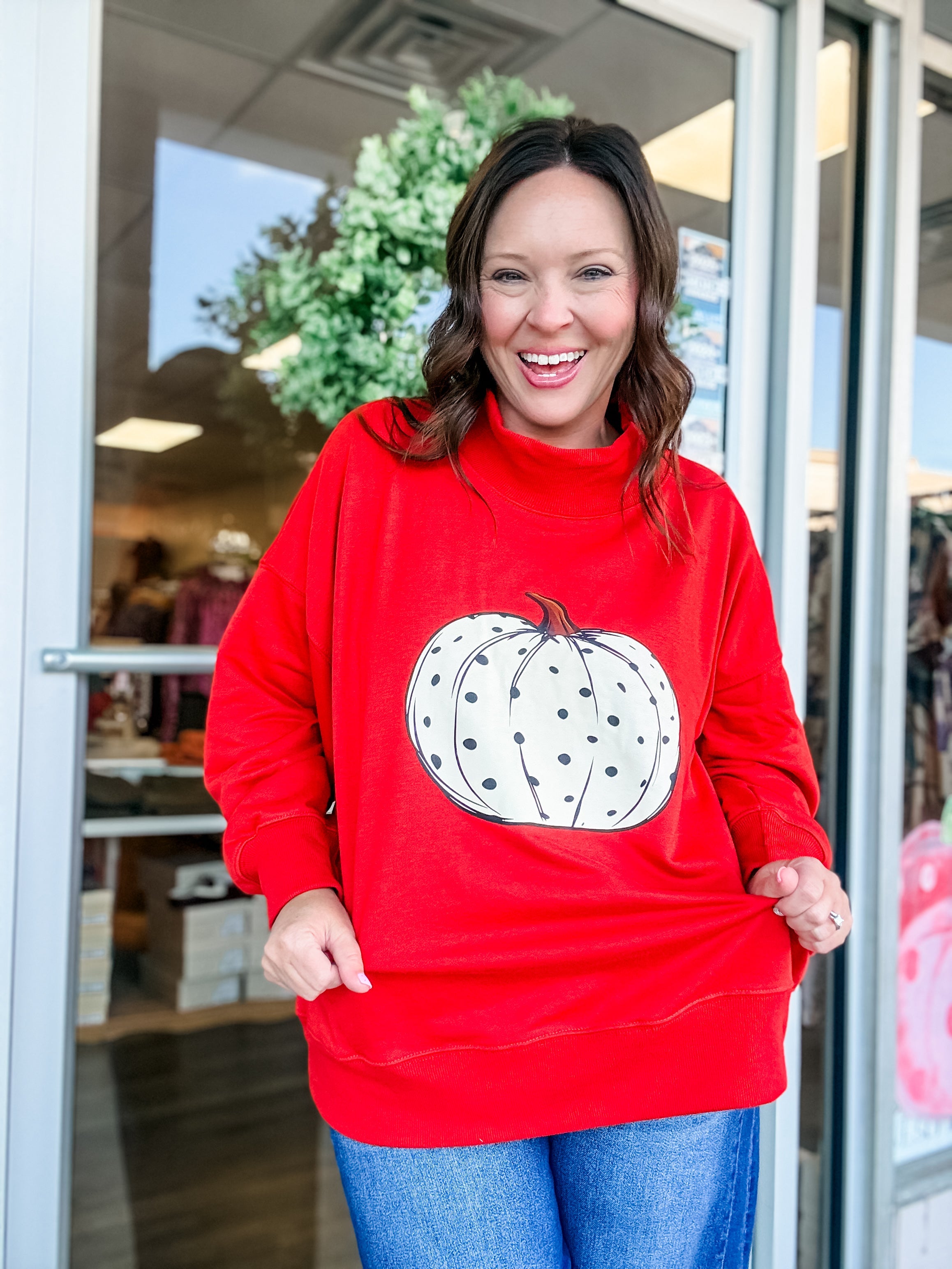 Polka Dot Pumpkin Mock Neck Sweatshirt - Just a Small Town Girl