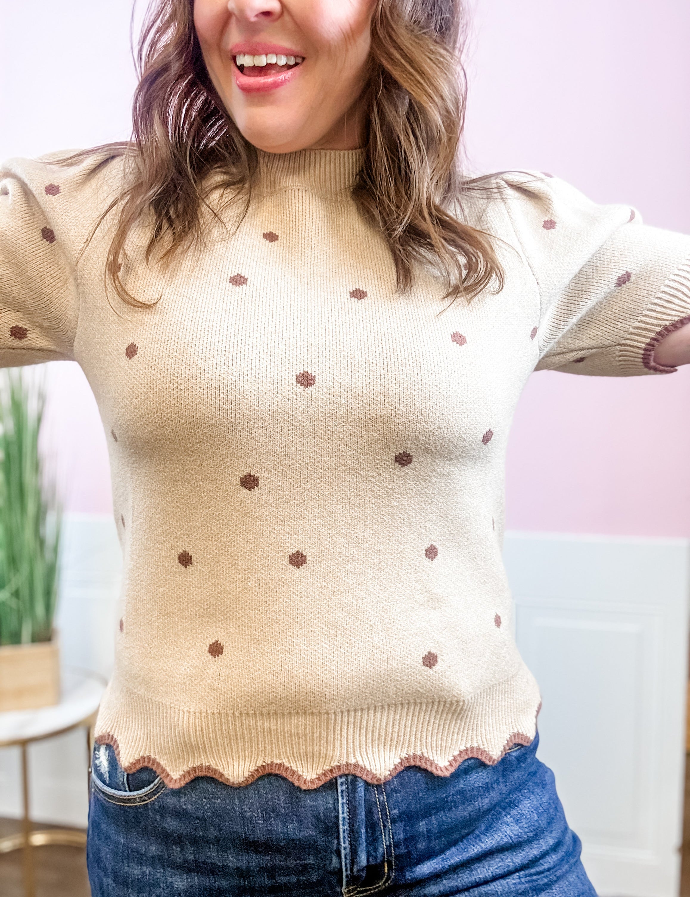 Polka Dot Scalloped Hem Sweater – Regular - Just a Small Town Girl