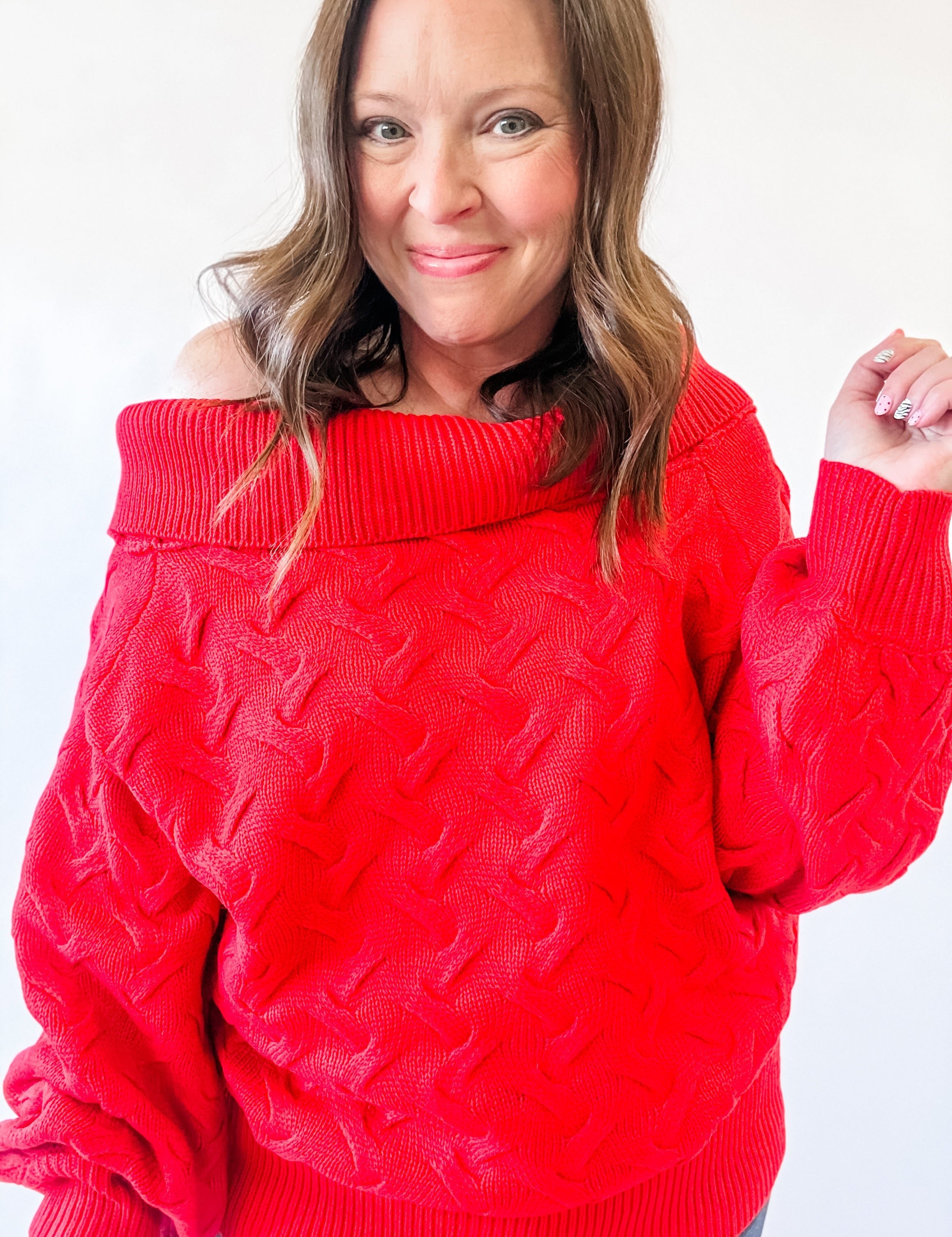 Red Cable Knit Off-the-Shoulder Sweater - Just a Small Town Girl
