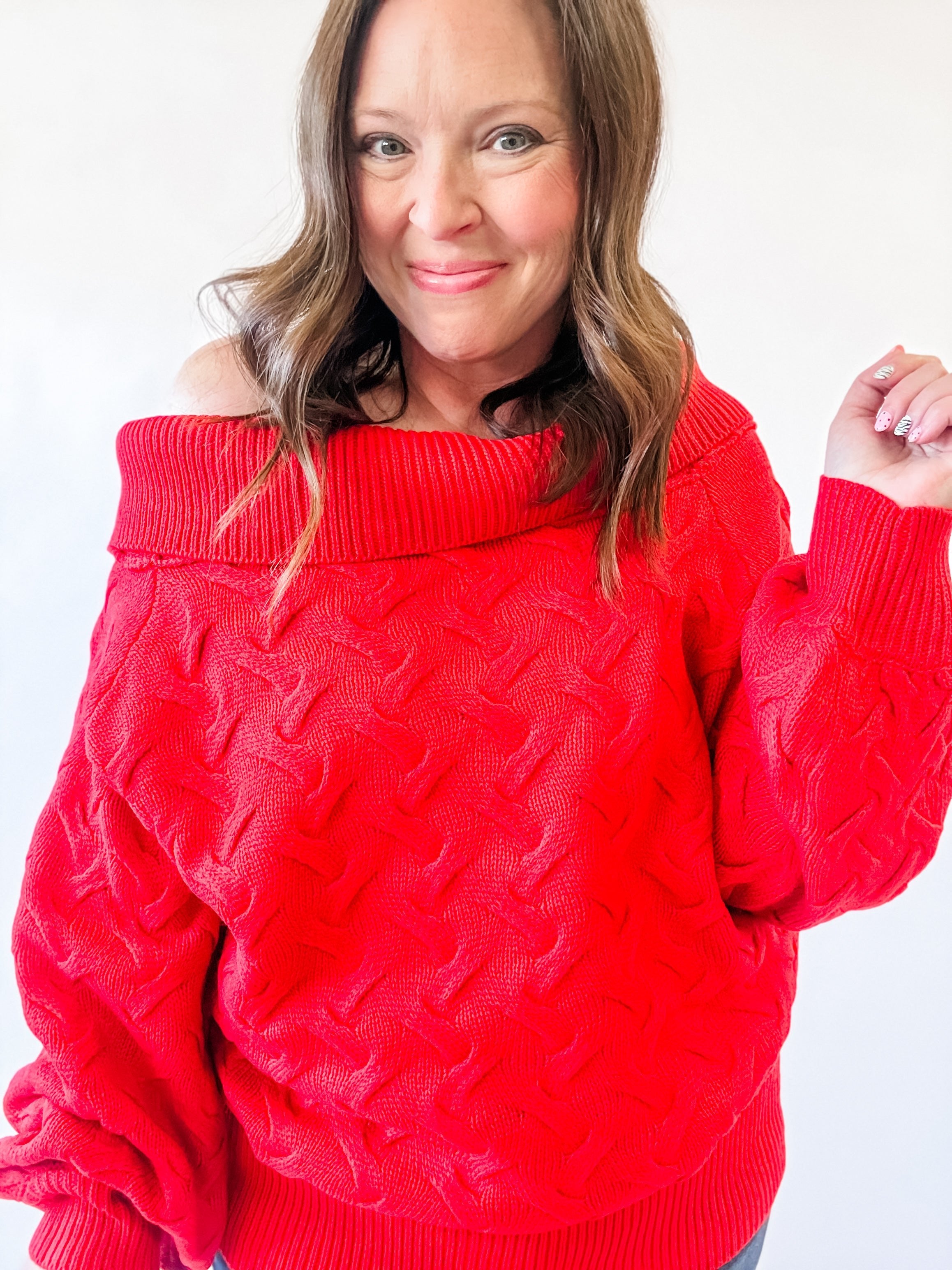 Red Cable Knit Off-the-Shoulder Sweater - Just a Small Town Girl
