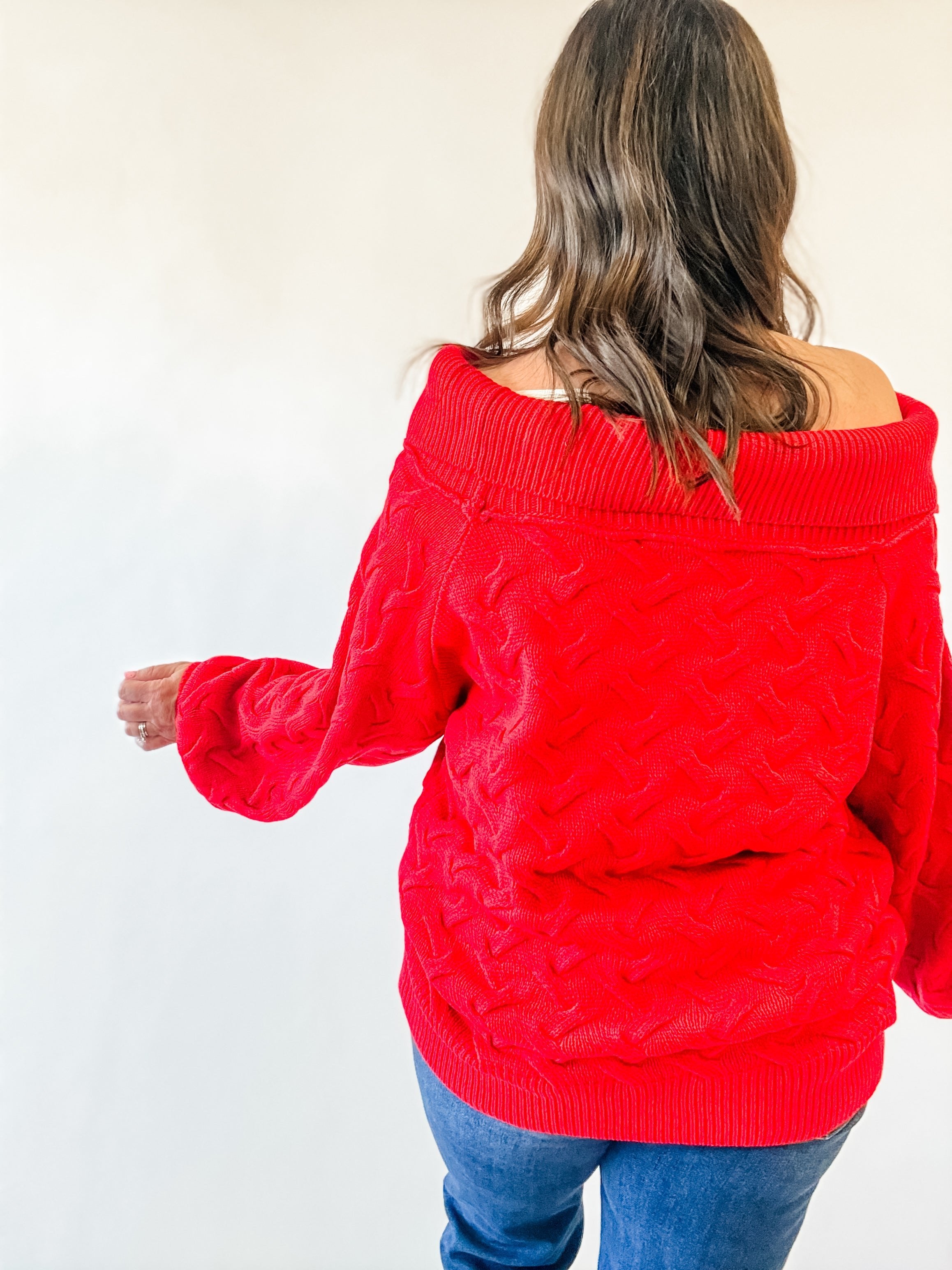 Red Cable Knit Off-the-Shoulder Sweater - Just a Small Town Girl