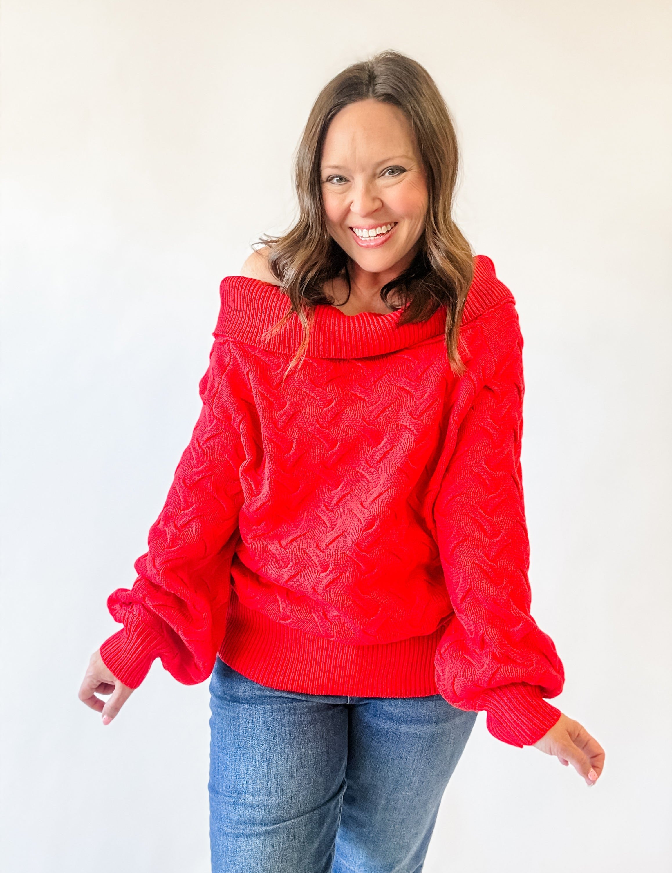 Red Cable Knit Off-the-Shoulder Sweater - Just a Small Town Girl