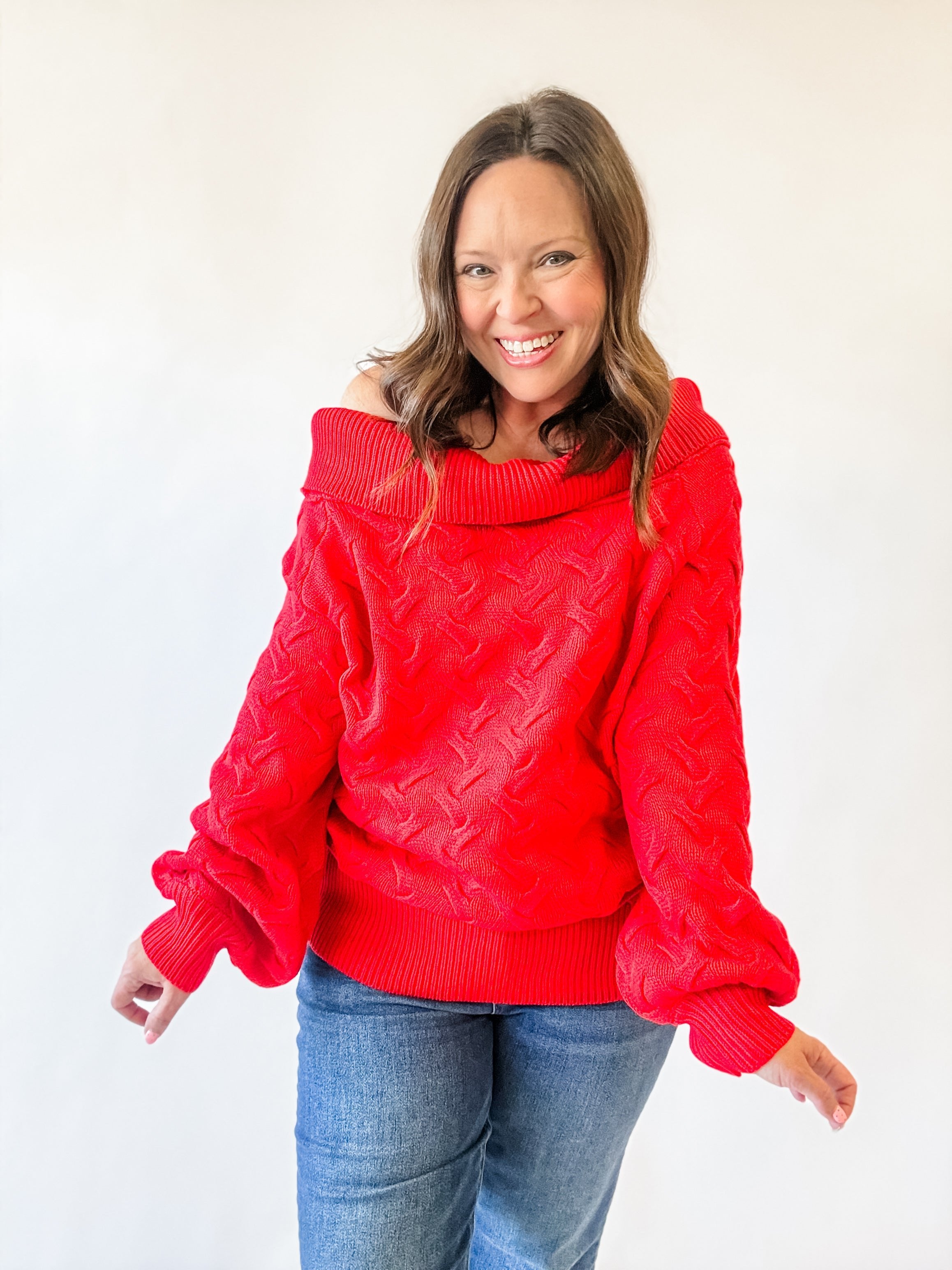 Red Cable Knit Off-the-Shoulder Sweater - Just a Small Town Girl
