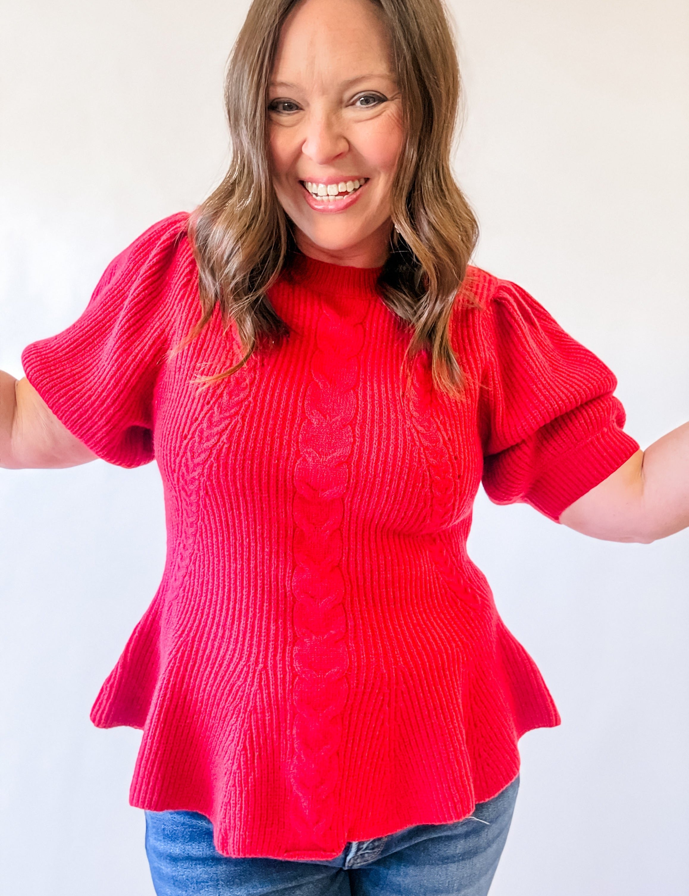 Red Cable Knit Peplum Sweater - Just a Small Town Girl