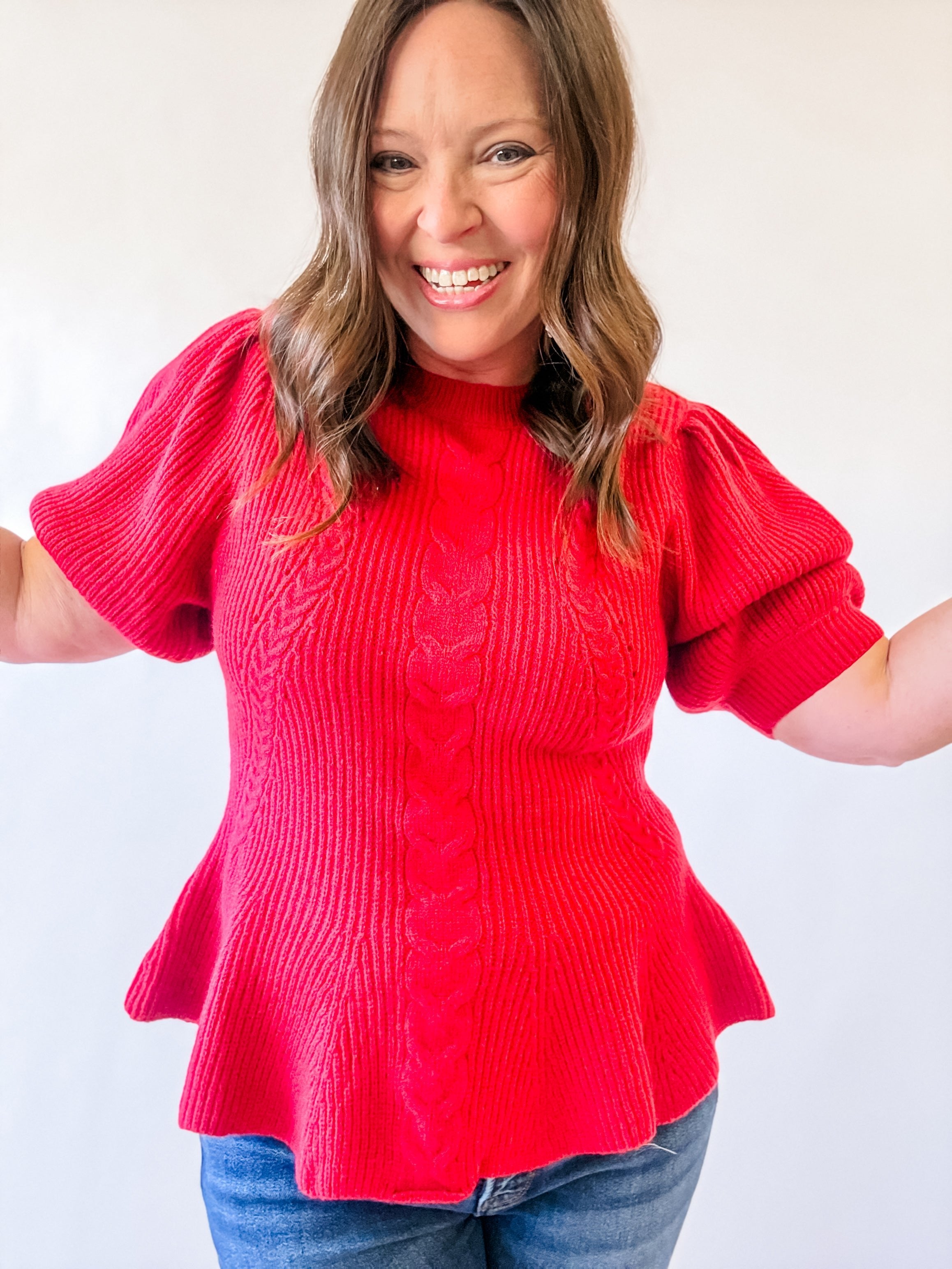 Red Cable Knit Peplum Sweater - Just a Small Town Girl