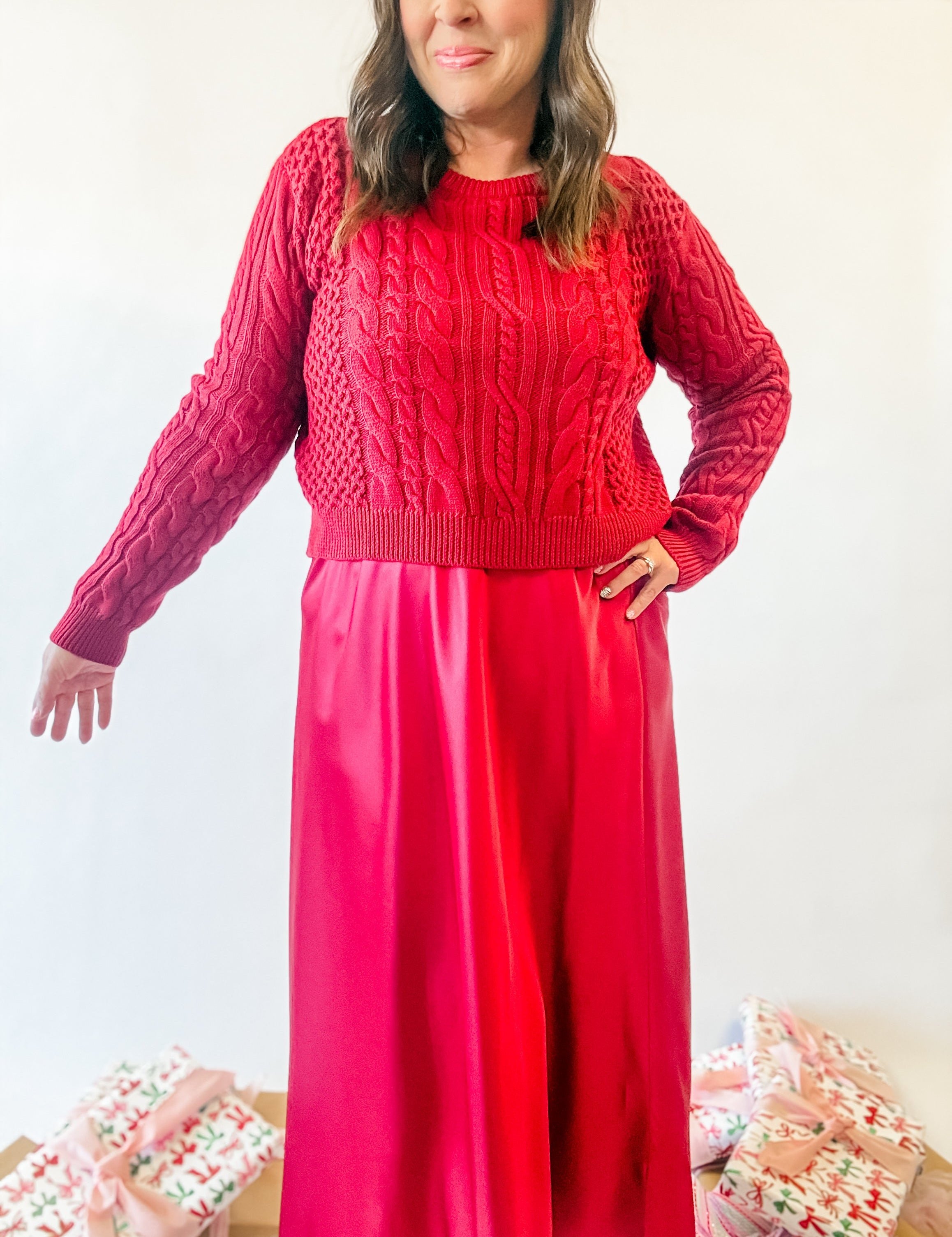 Red Cable Knit Sweater Layered Satin Dress - Just a Small Town Girl