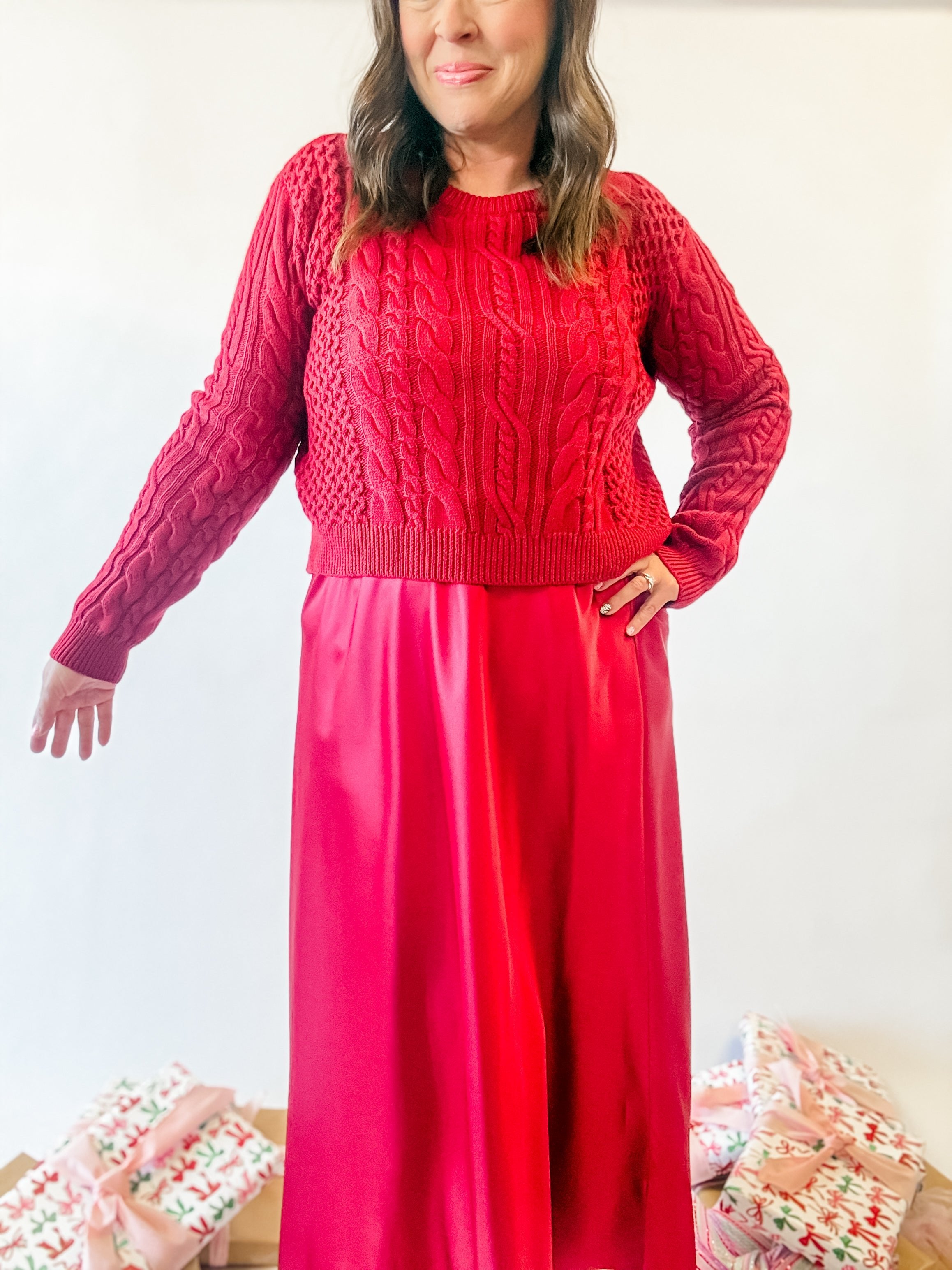 Red Cable Knit Sweater Layered Satin Dress - Just a Small Town Girl