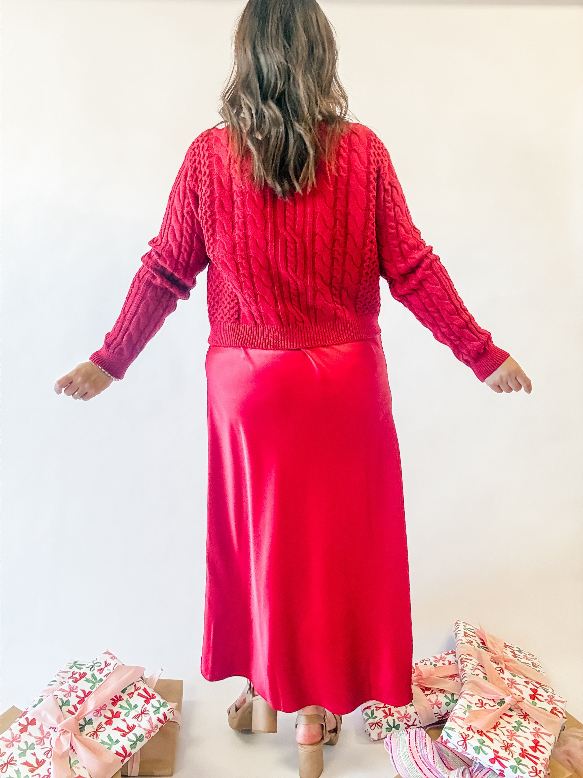 Red Cable Knit Sweater Layered Satin Dress - Just a Small Town Girl