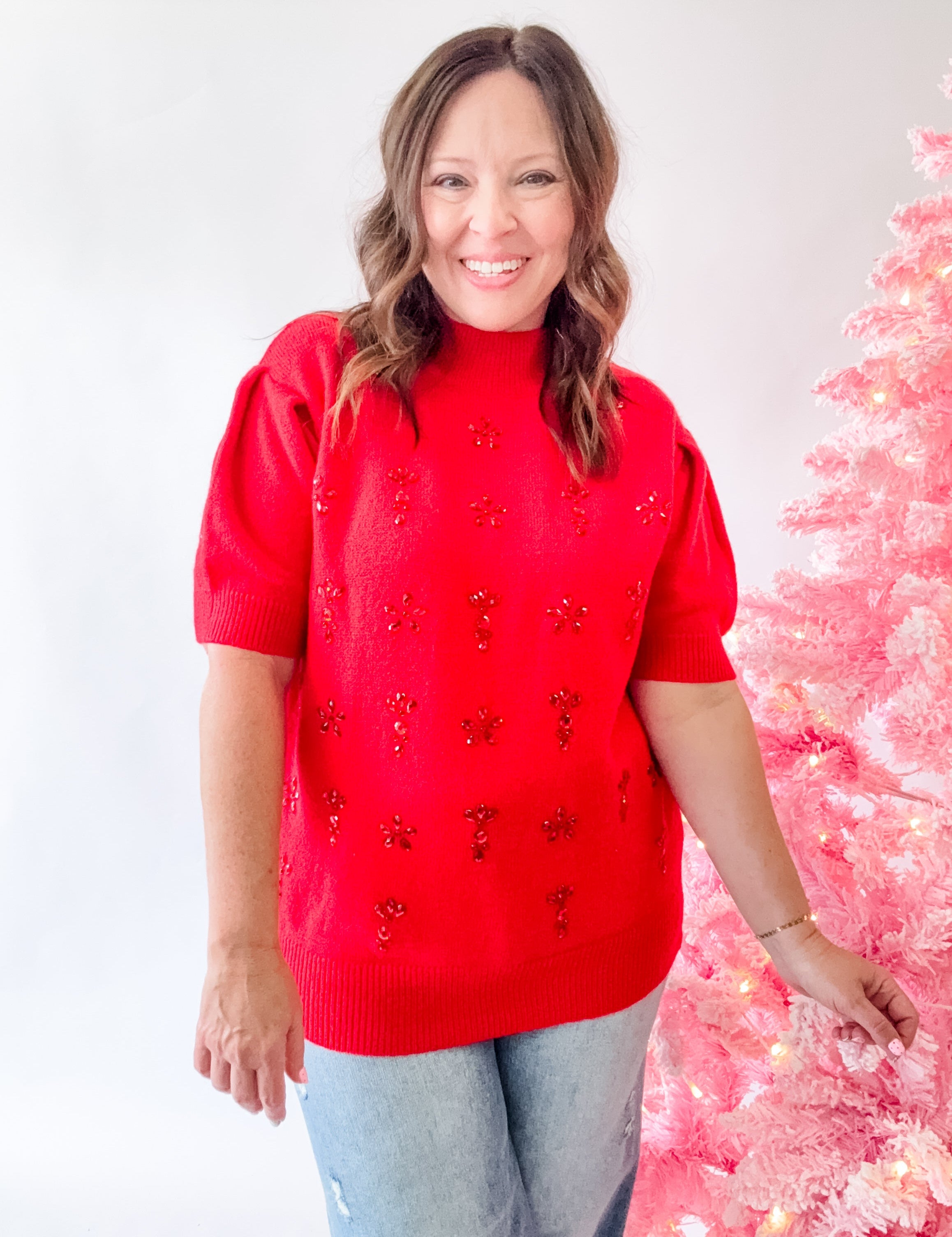 Red Jeweled Mock Neck Short Sleeve Sweater - Just a Small Town Girl