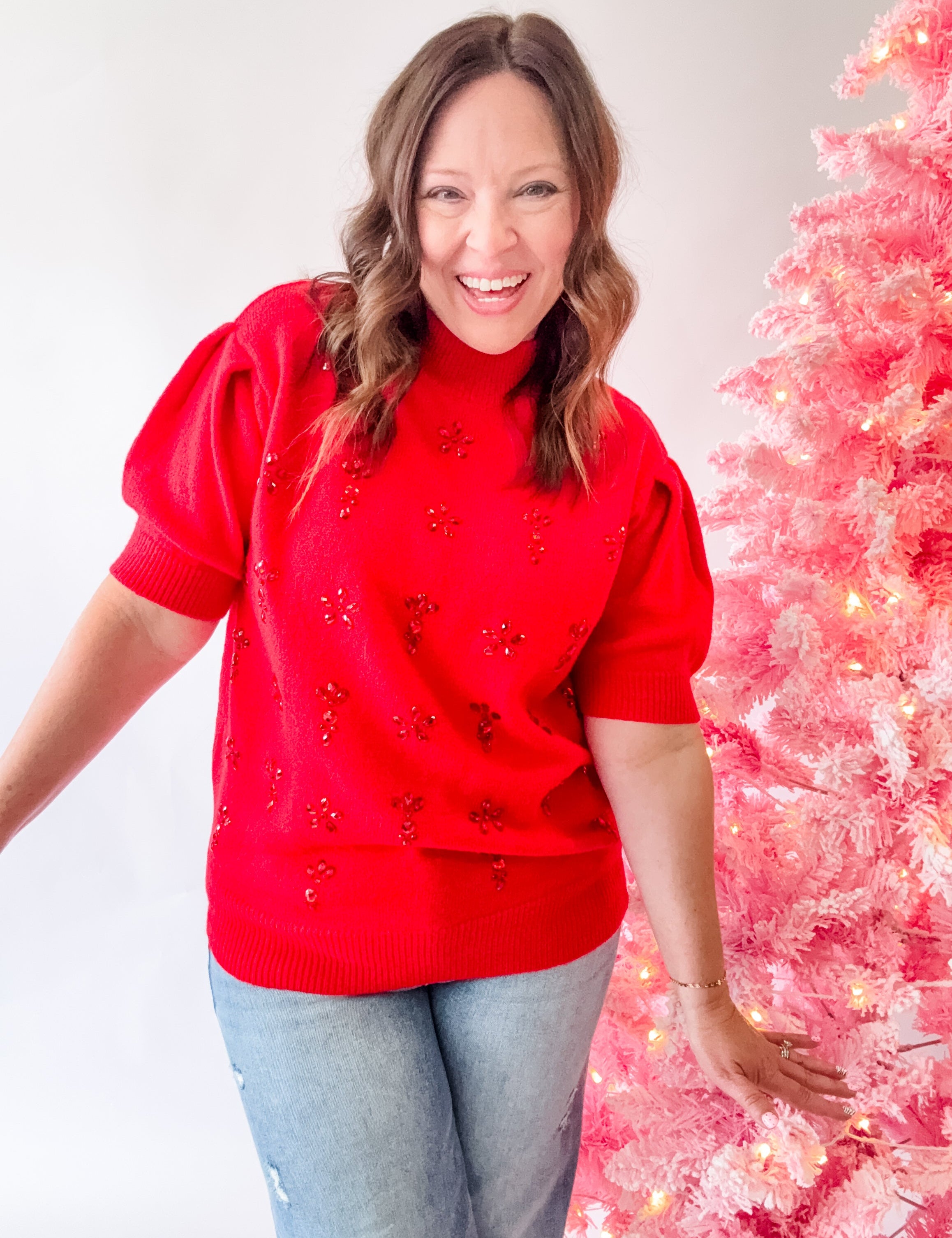 Red Jeweled Mock Neck Short Sleeve Sweater - Just a Small Town Girl