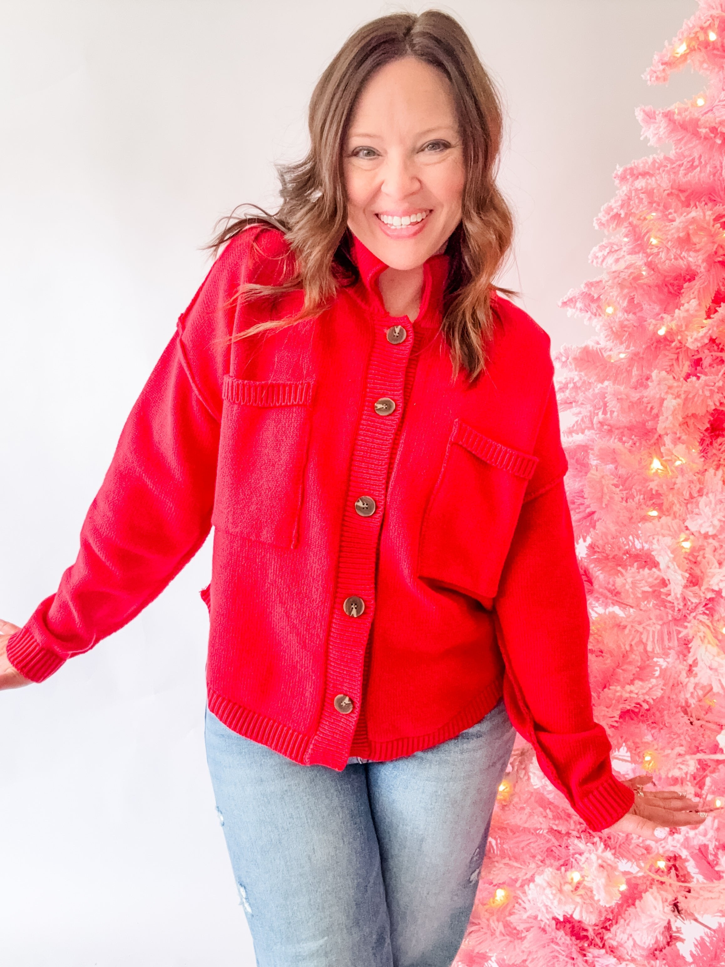 Red Mock Neck Button Cardigan - Just a Small Town Girl