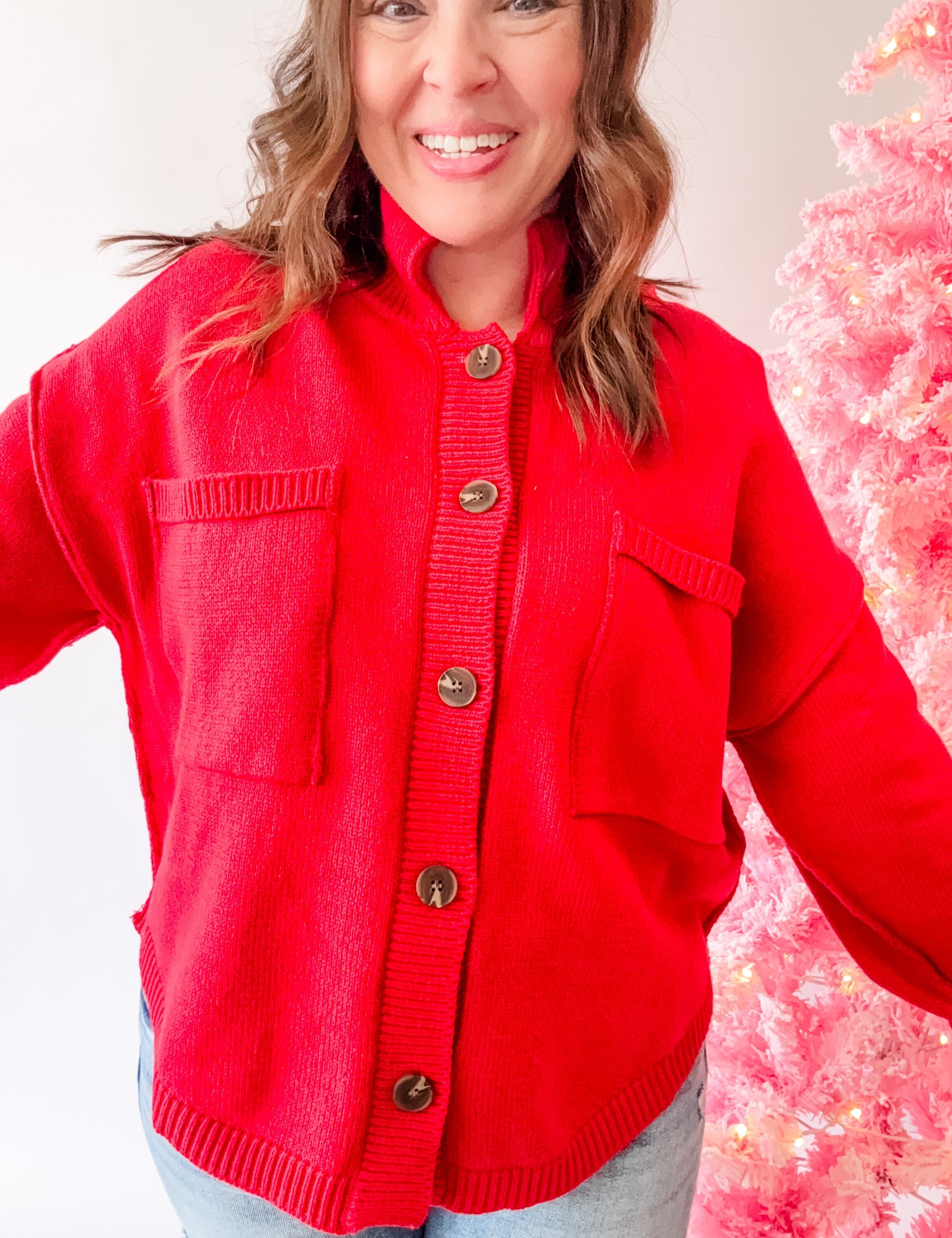 Red Mock Neck Button Cardigan - Just a Small Town Girl