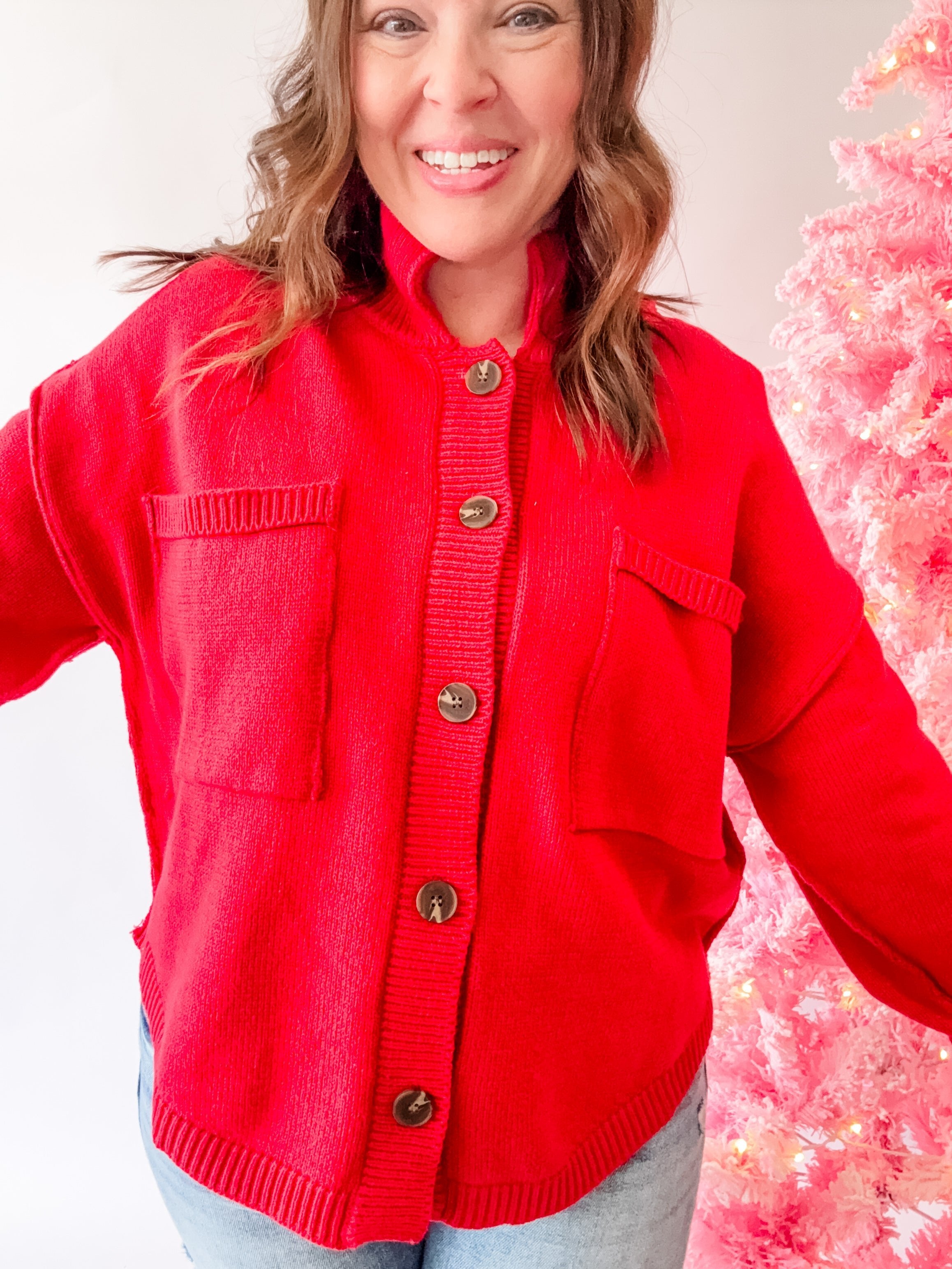 Red Mock Neck Button Cardigan - Just a Small Town Girl