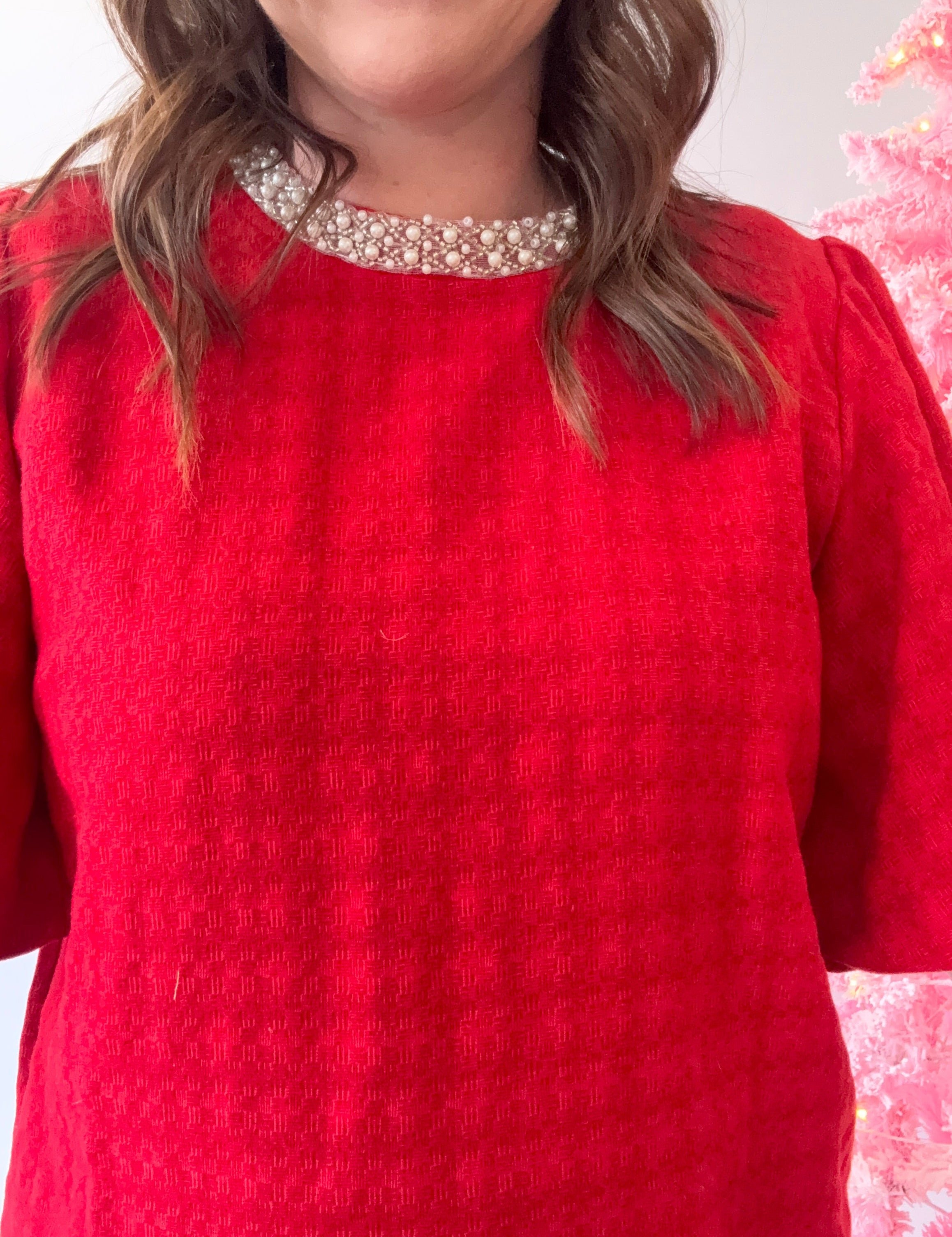 Red Pearl Neckline Puff Sleeve Top - Just a Small Town Girl