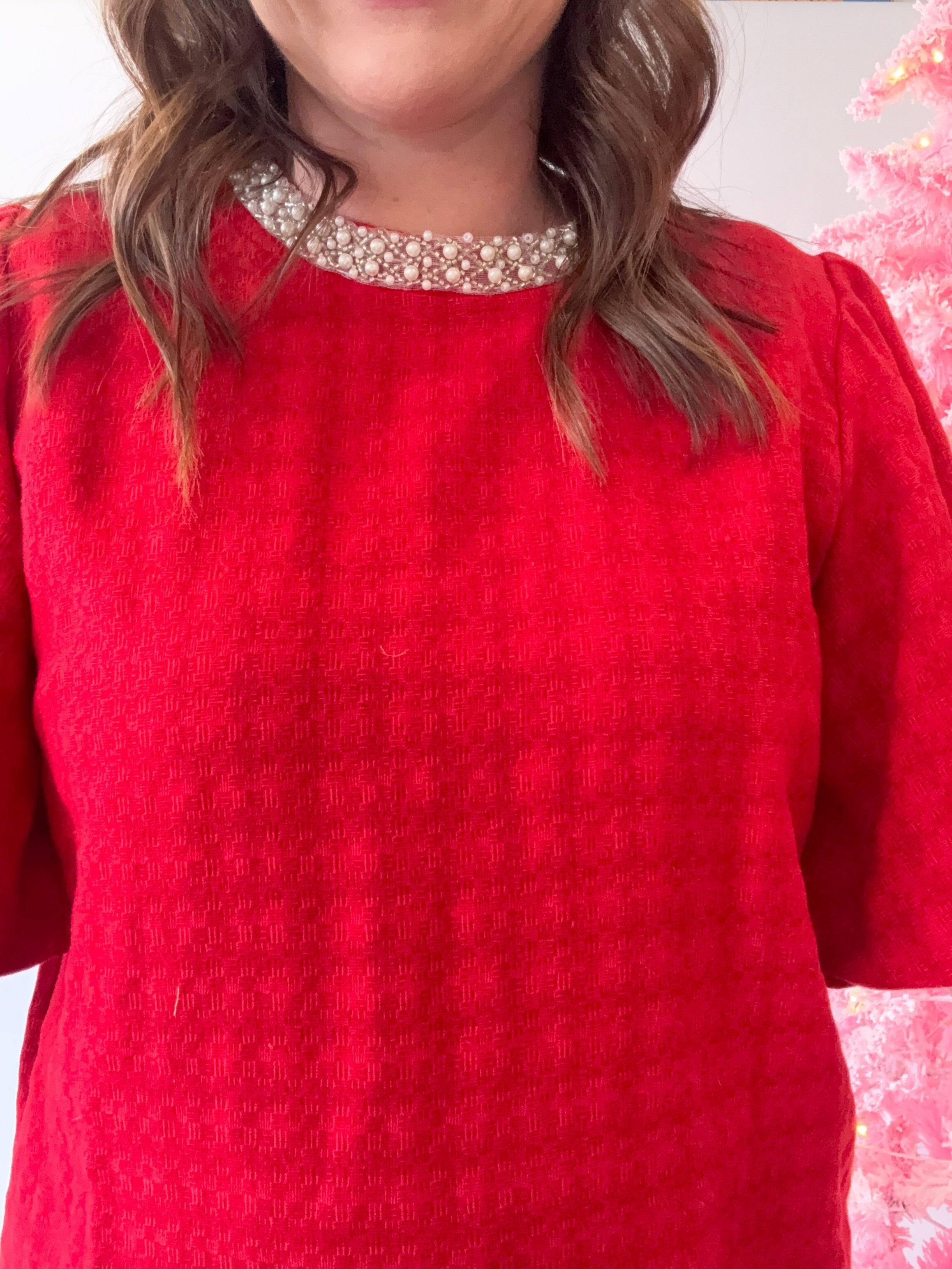 Red Pearl Neckline Puff Sleeve Top - Just a Small Town Girl