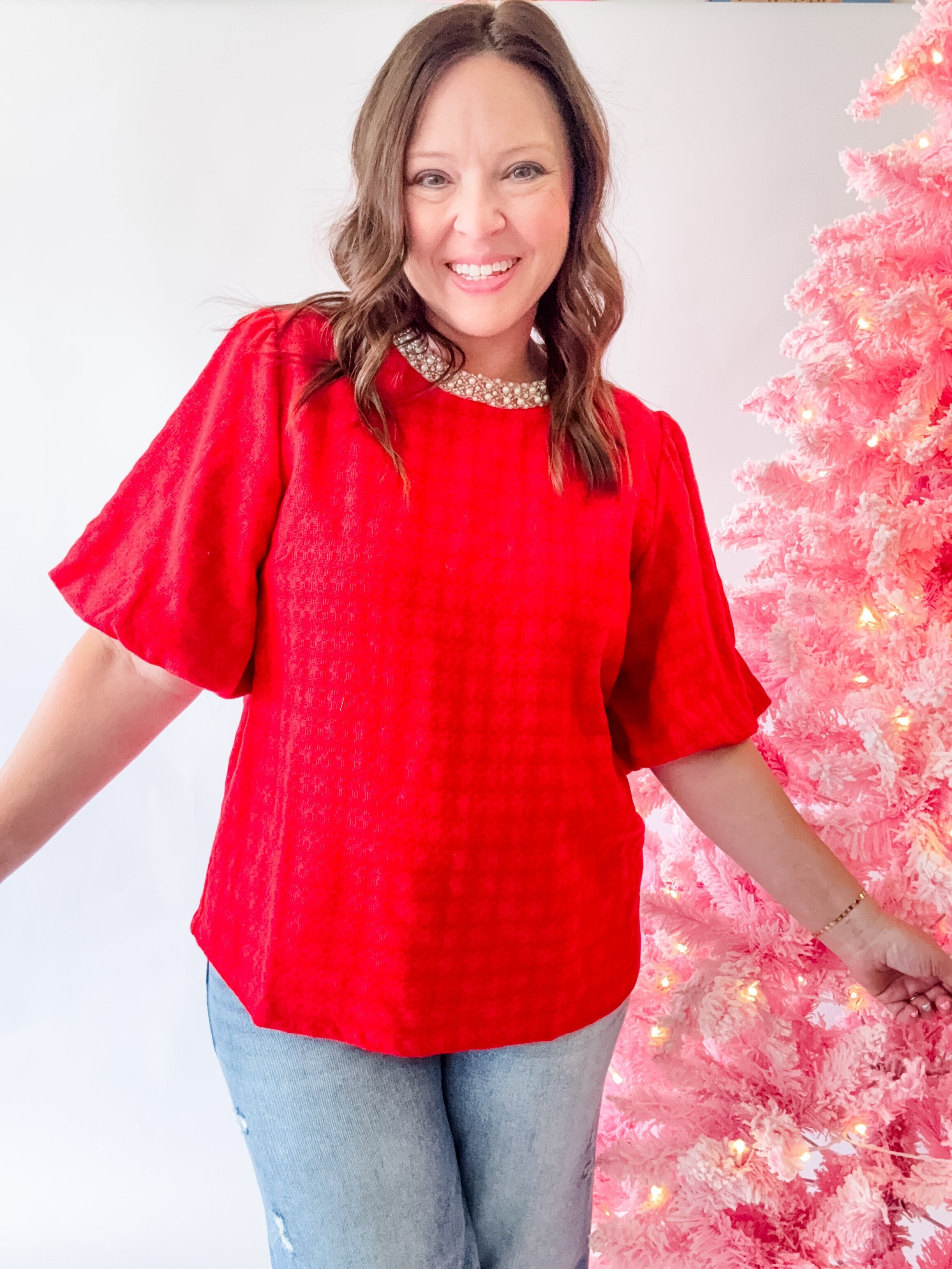 Red Pearl Neckline Puff Sleeve Top - Just a Small Town Girl