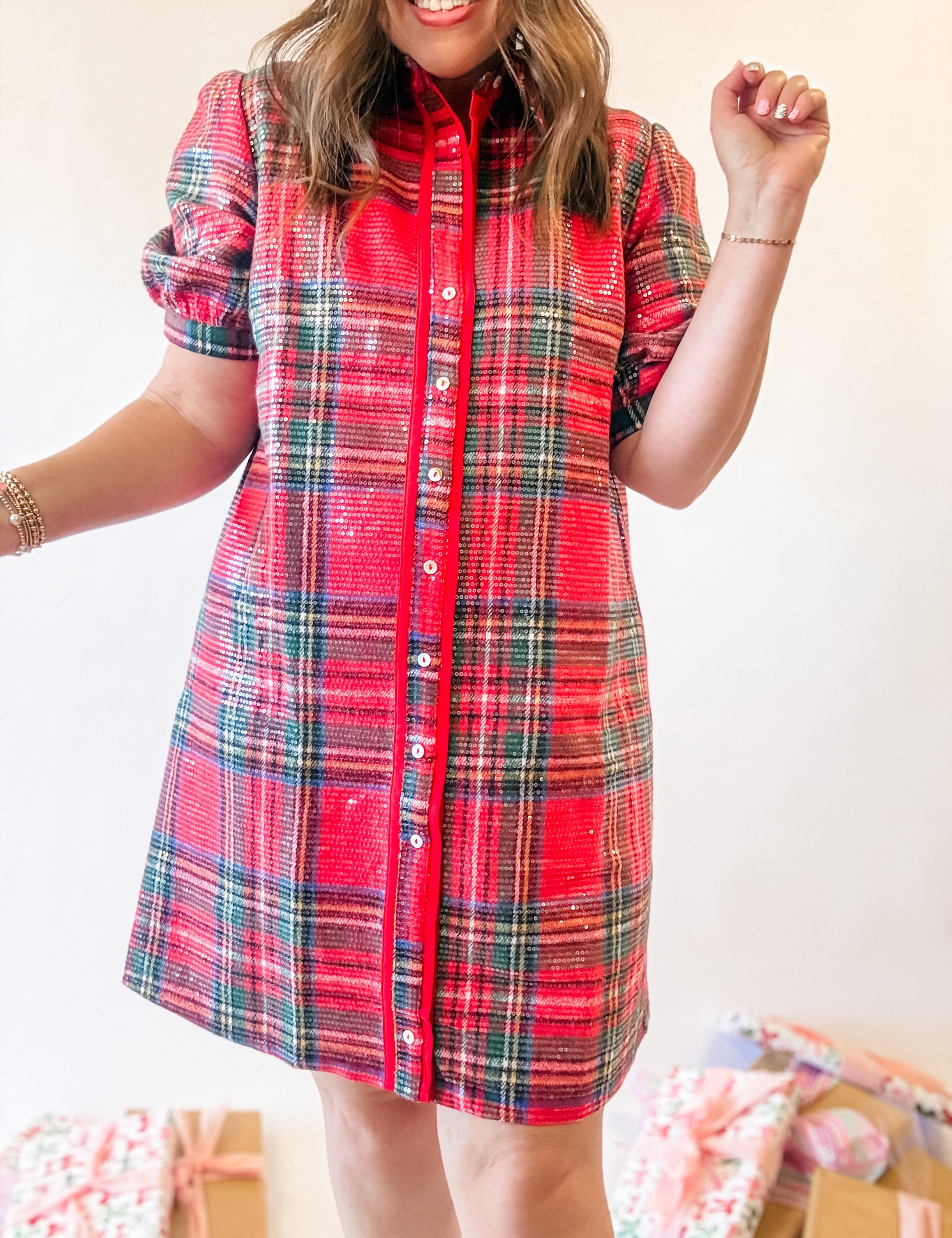Red Plaid Sequin Shirt Dress - Just a Small Town Girl