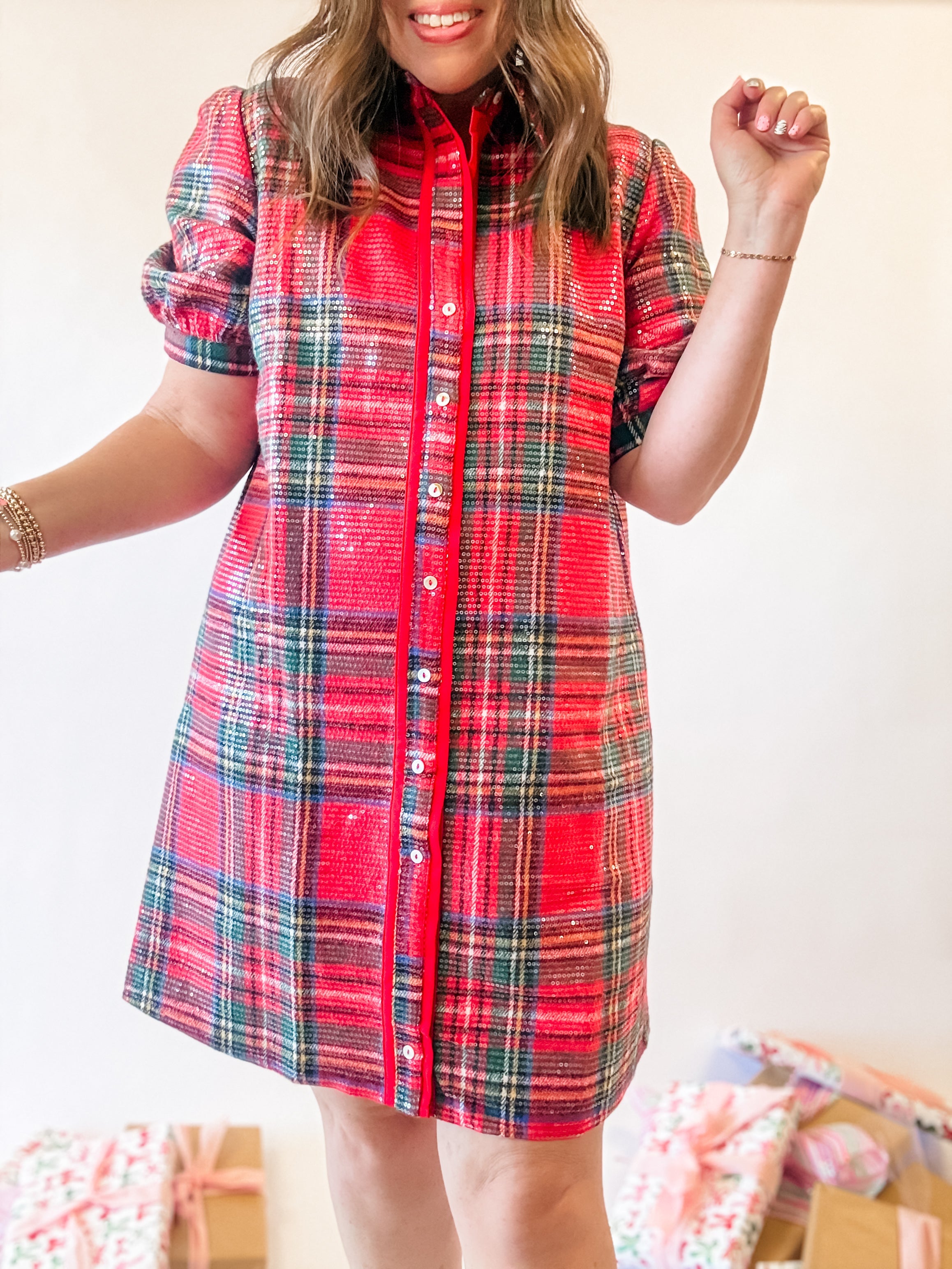 Red Plaid Sequin Shirt Dress - Just a Small Town Girl
