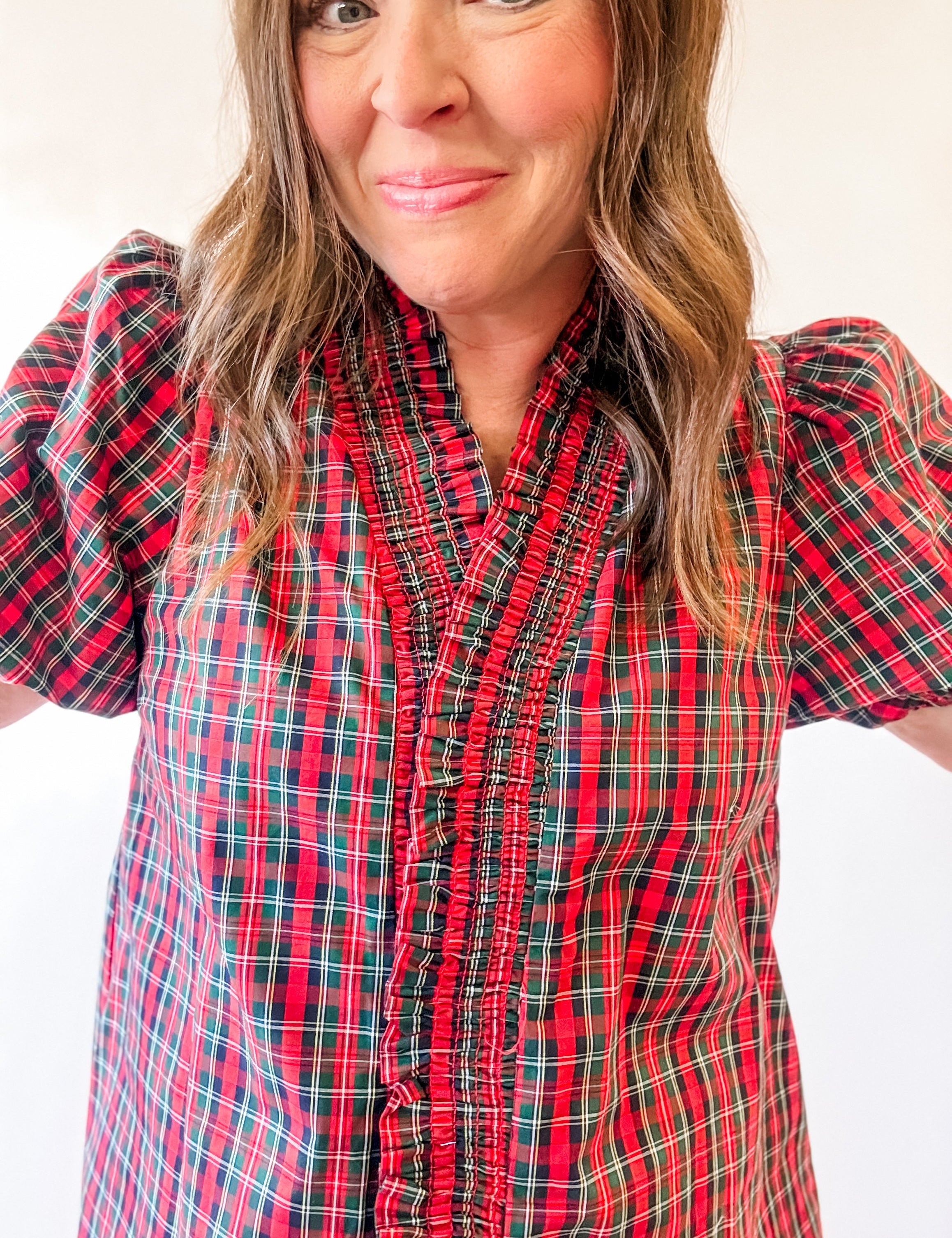 Red Plaid Smocked Ruffle Puff Sleeve Top - Just a Small Town Girl
