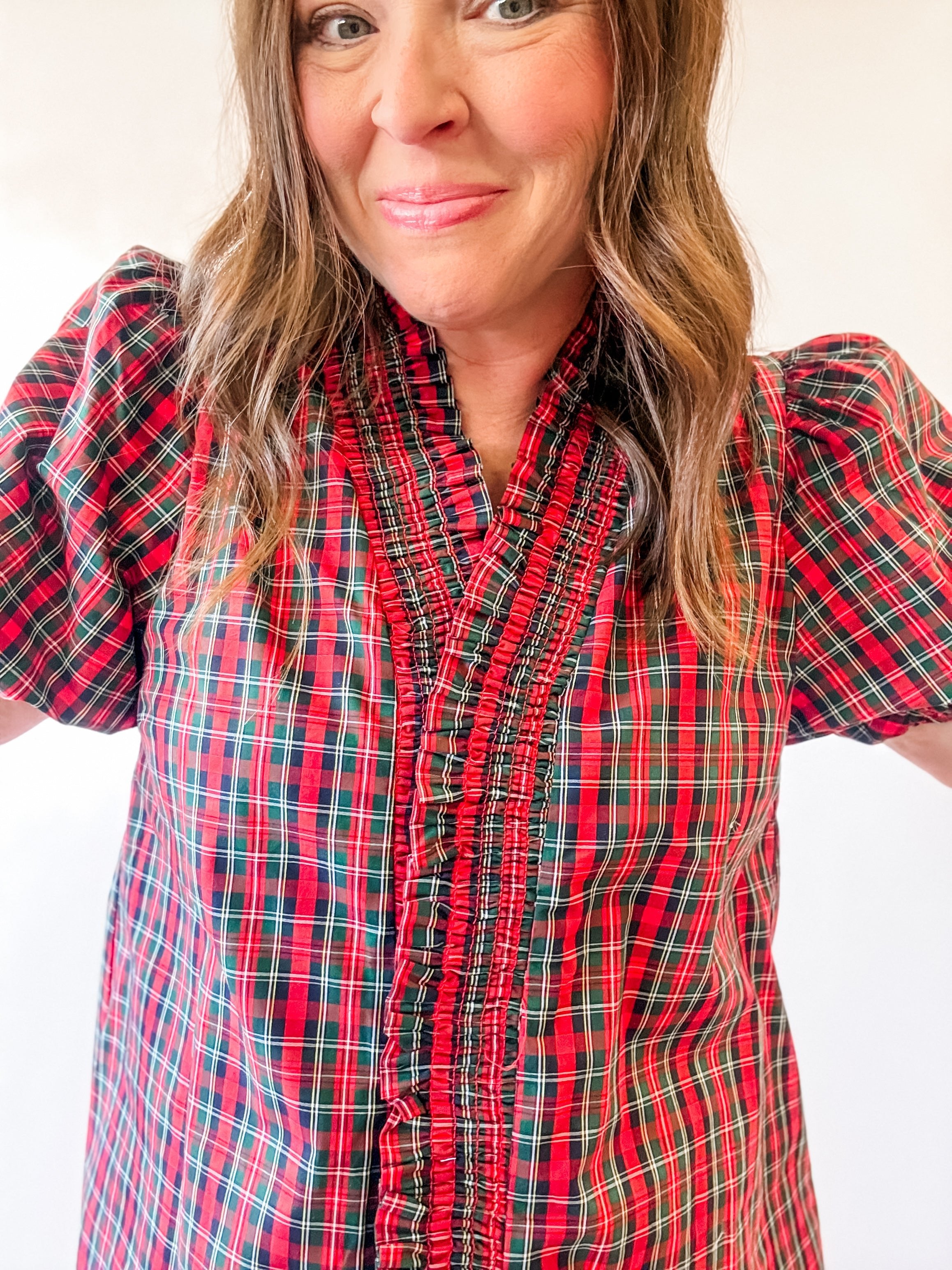 Red Plaid Smocked Ruffle Puff Sleeve Top - Just a Small Town Girl