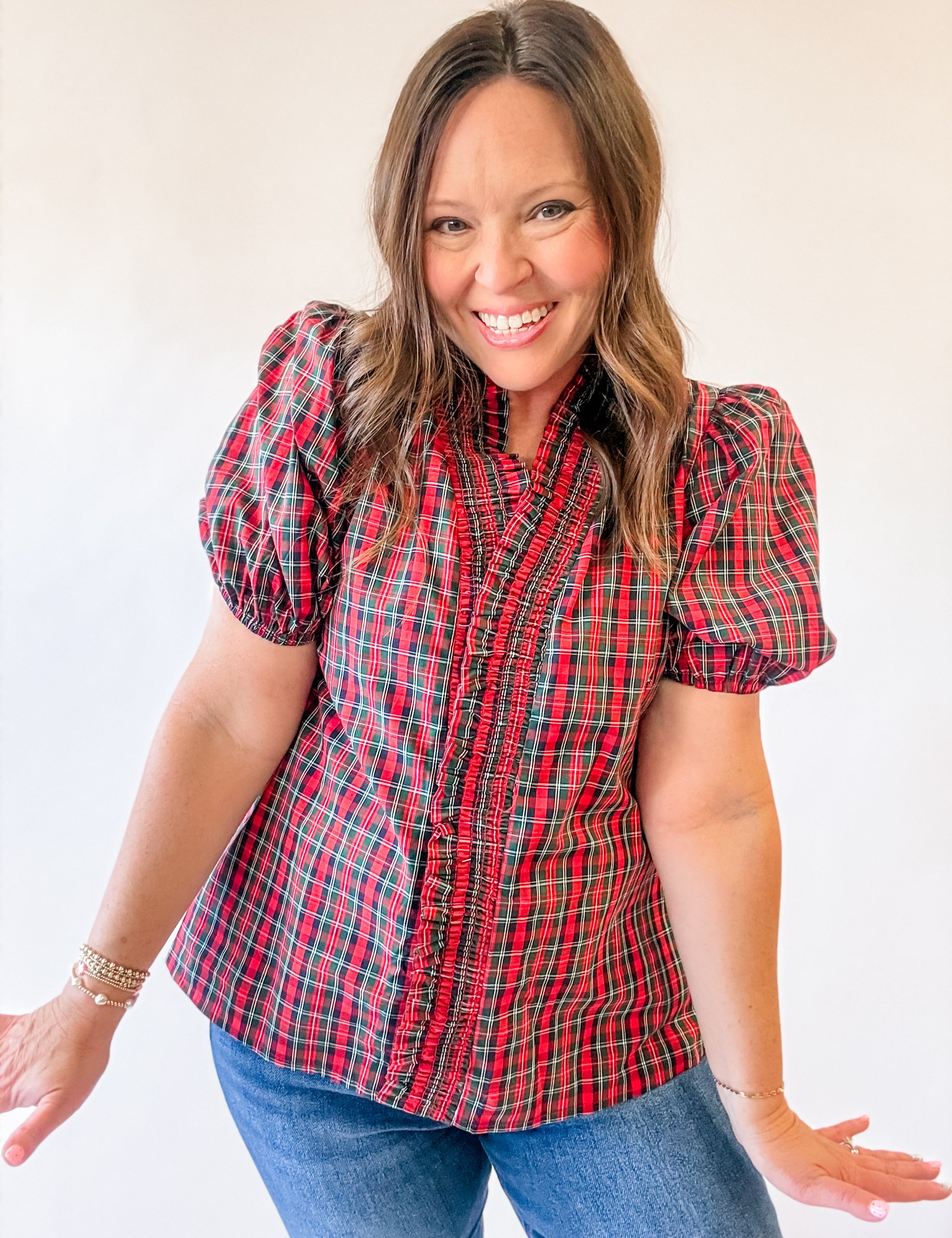 Red Plaid Smocked Ruffle Puff Sleeve Top - Just a Small Town Girl