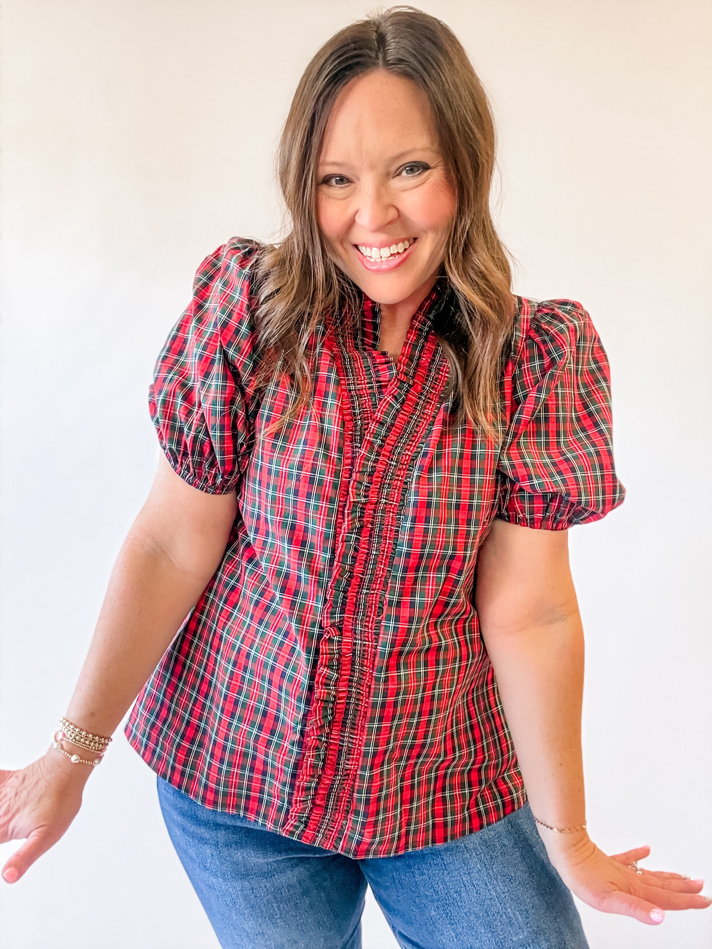 Red Plaid Smocked Ruffle Puff Sleeve Top - Just a Small Town Girl