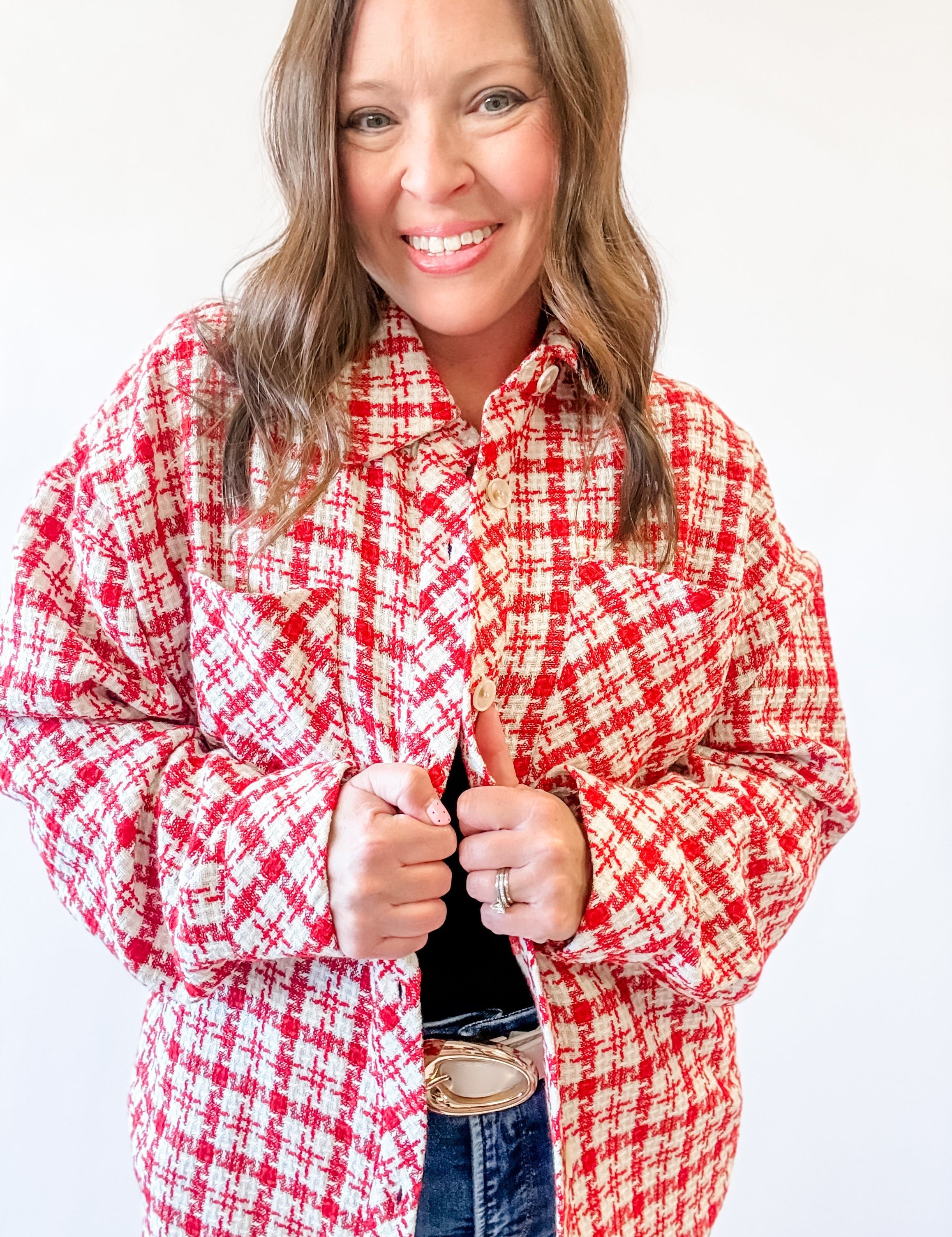 Red Plaid Tweed Shacket - Just a Small Town Girl