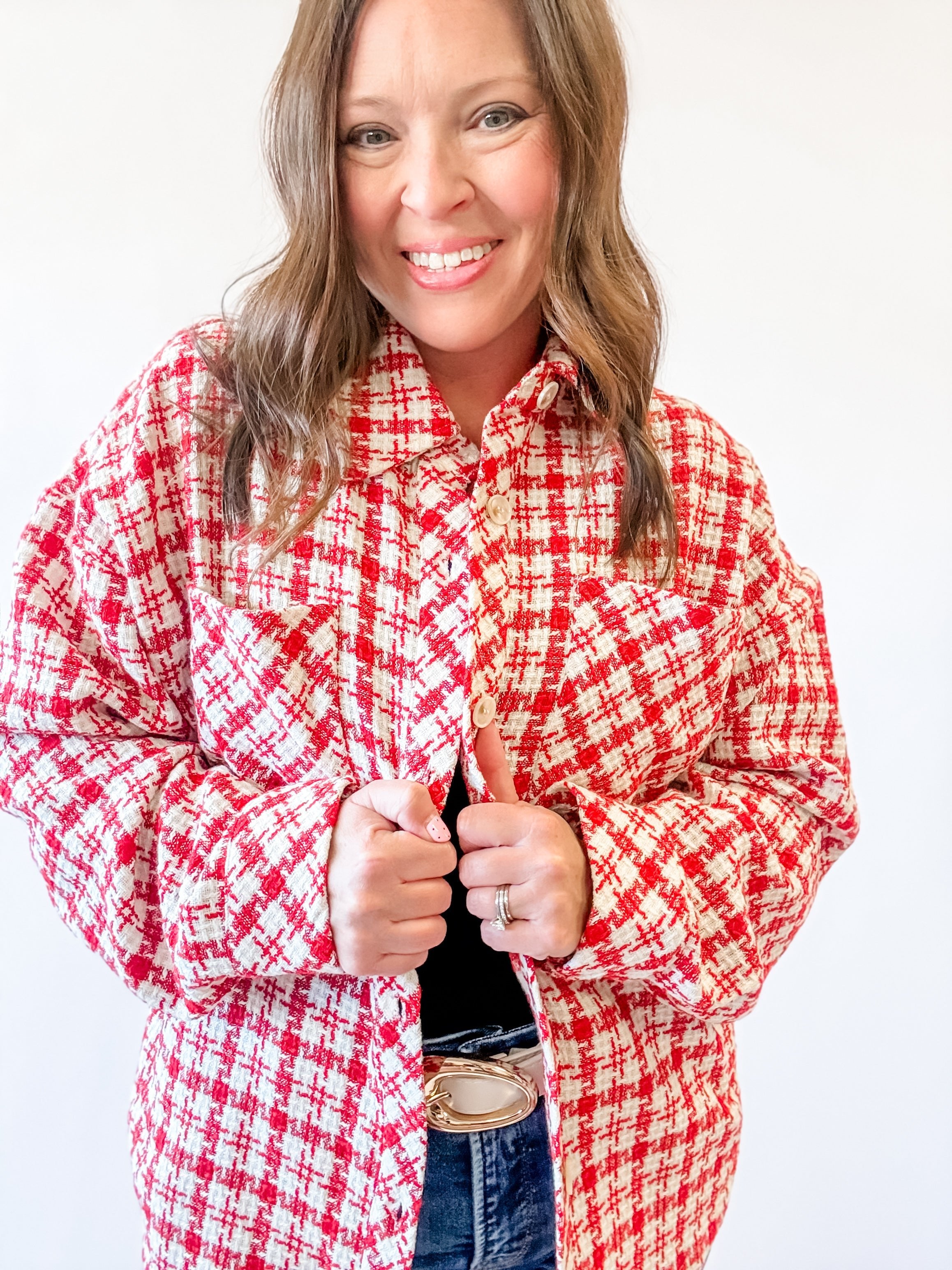 Red Plaid Tweed Shacket - Just a Small Town Girl