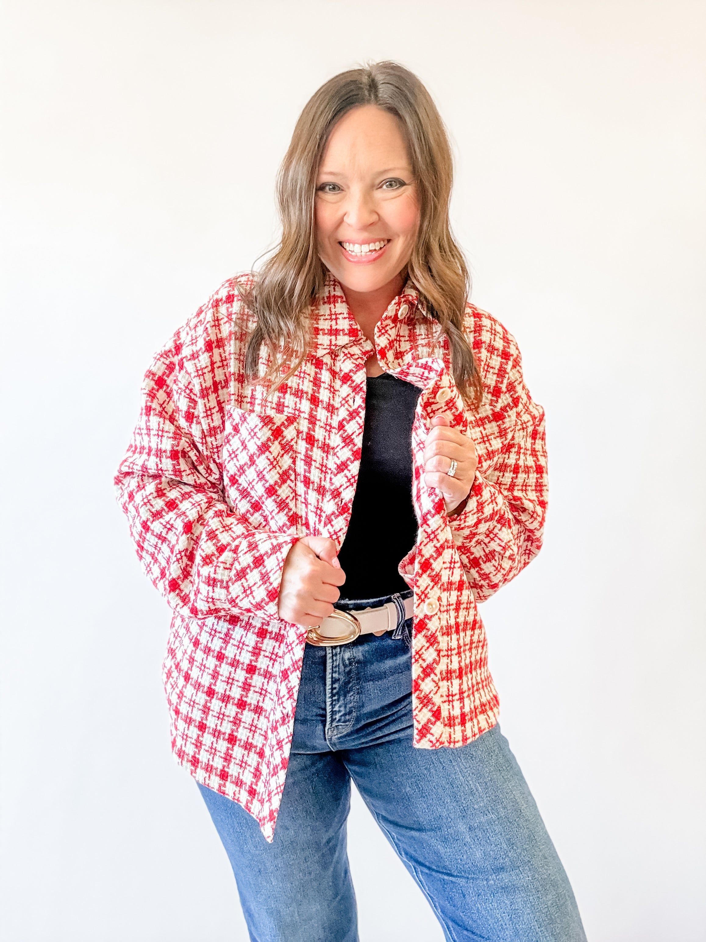Red Plaid Tweed Shacket - Just a Small Town Girl