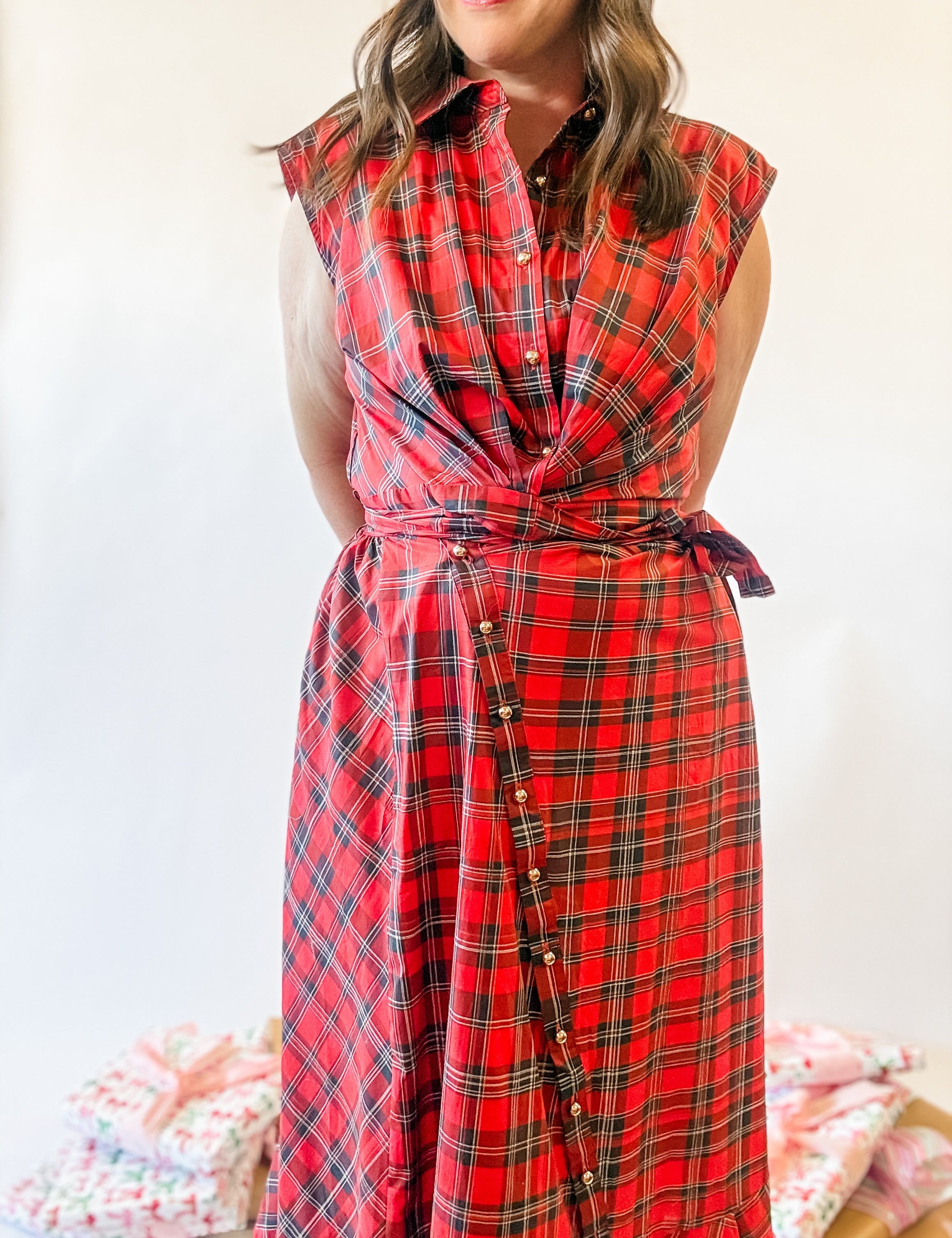 Red Plaid Wrap Tie Midi Dress - Just a Small Town Girl