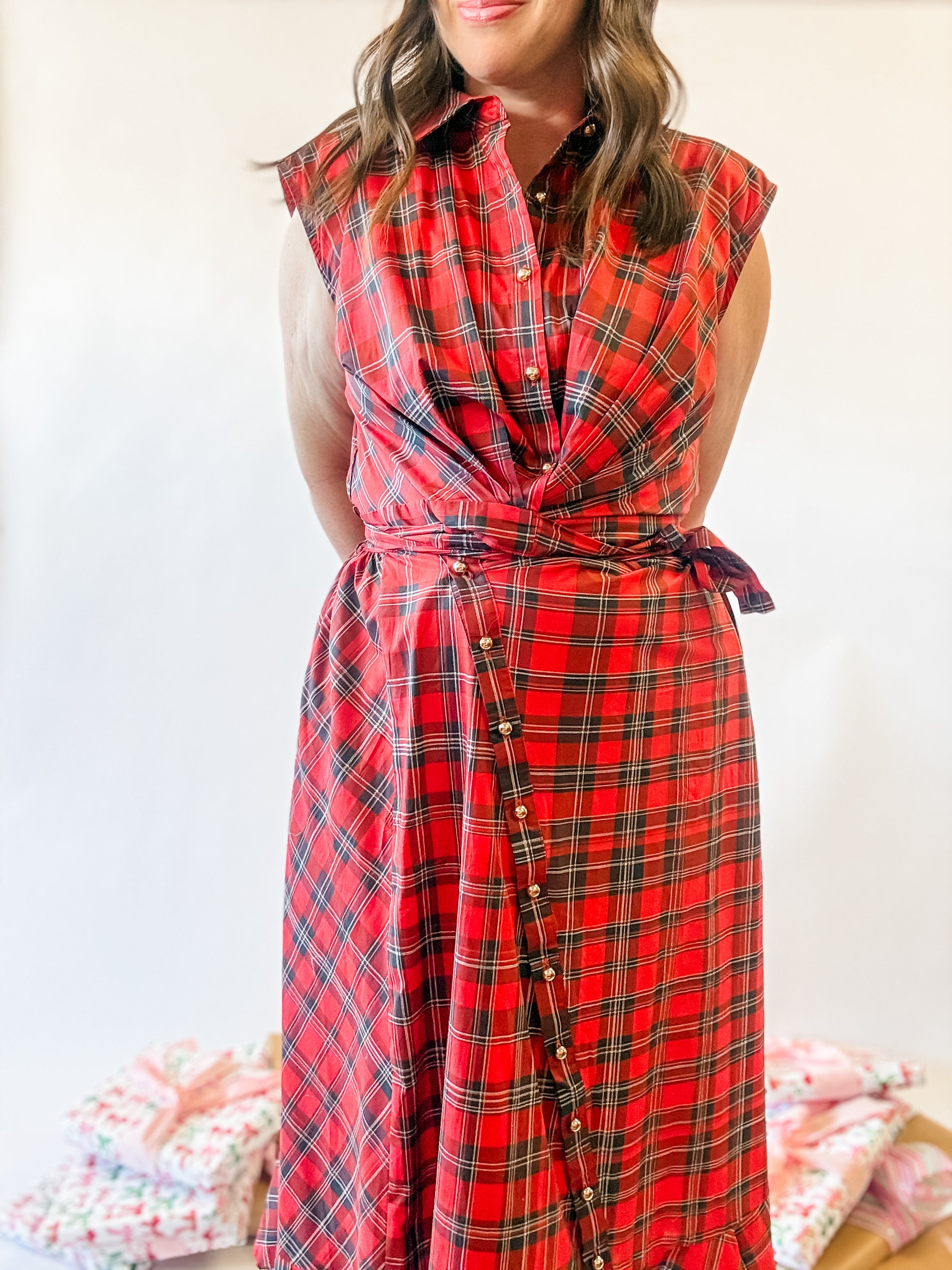 Red Plaid Wrap Tie Midi Dress - Just a Small Town Girl