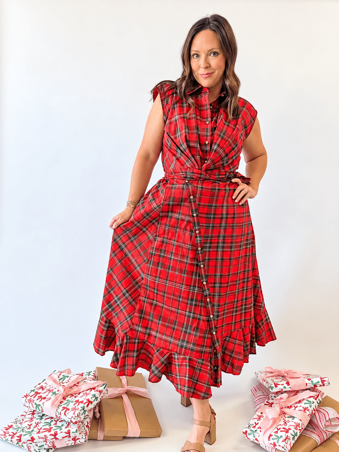 Red Plaid Wrap Tie Midi Dress - Just a Small Town Girl