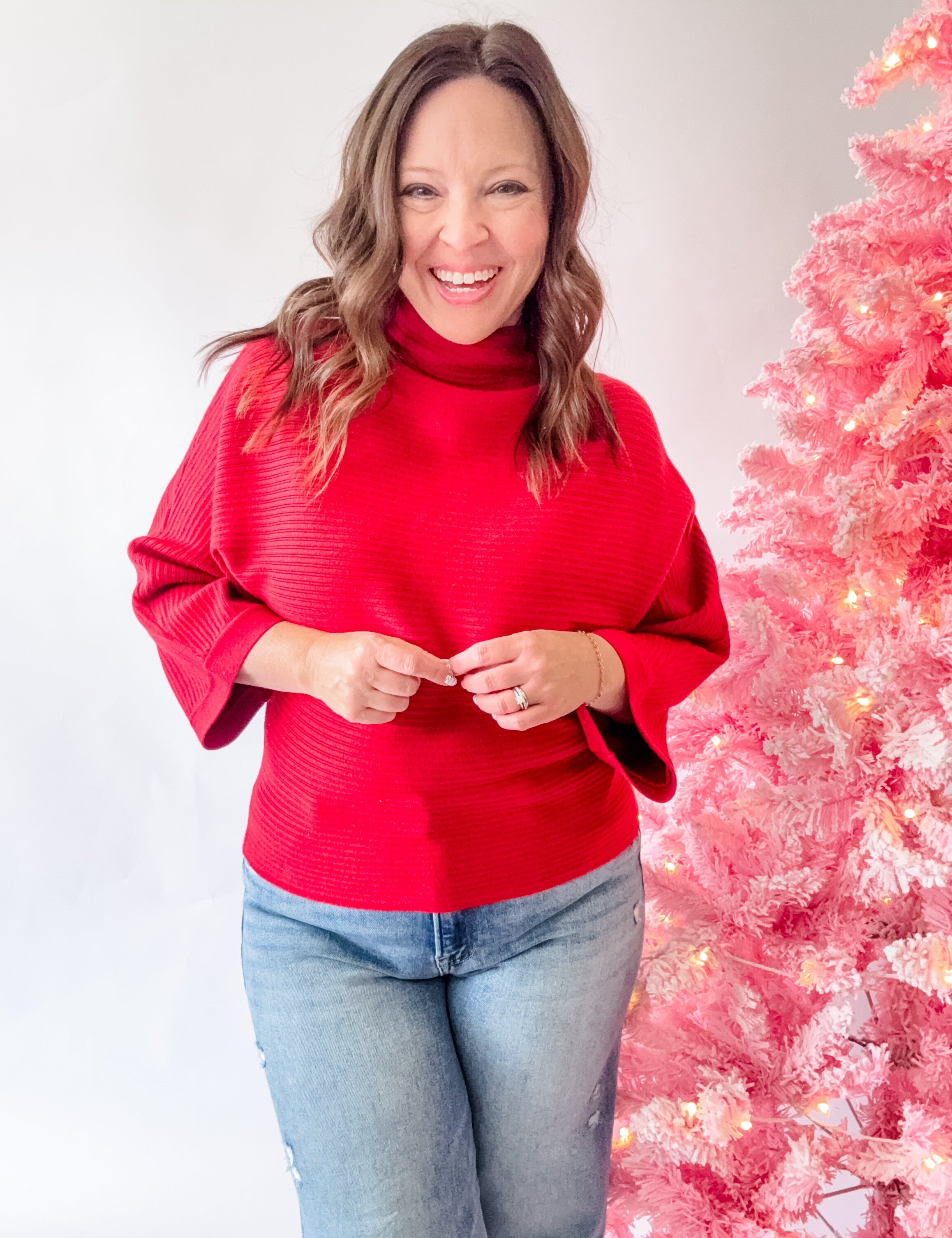 Red Ribbed Mock Neck Dolman Sweater - Just a Small Town Girl