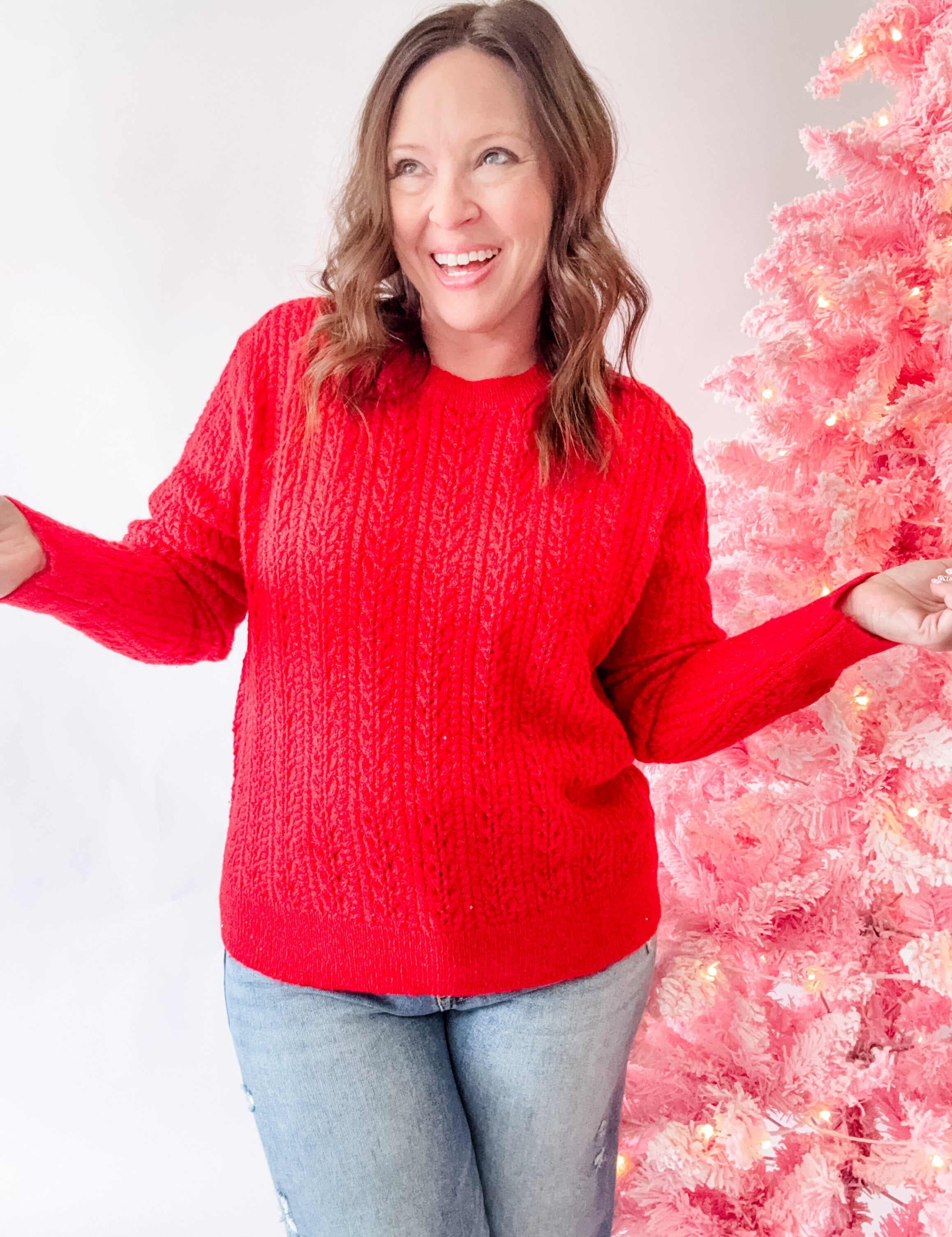 Red Sparkle Textured Knit Sweater - Just a Small Town Girl