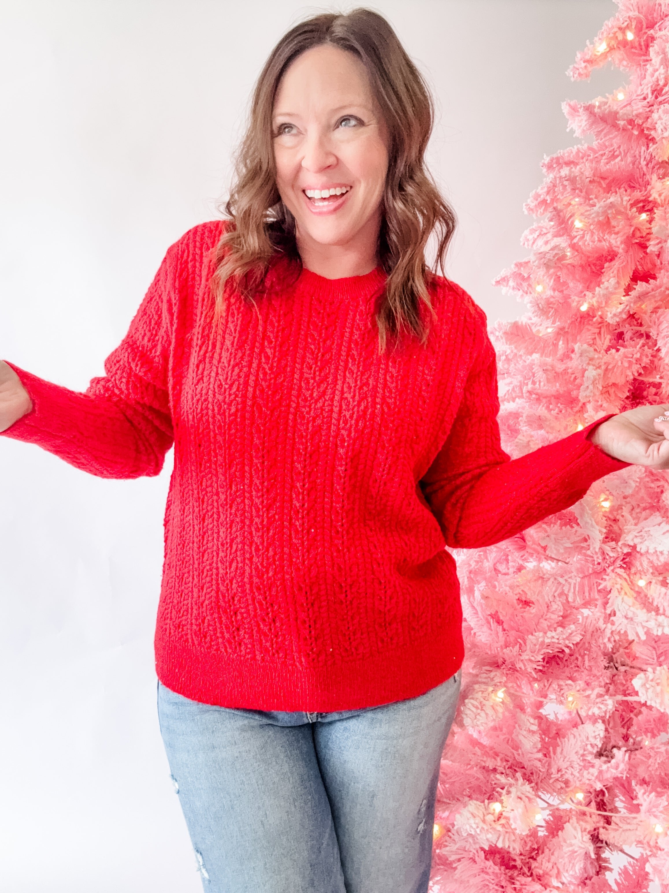 Red Sparkle Textured Knit Sweater - Just a Small Town Girl