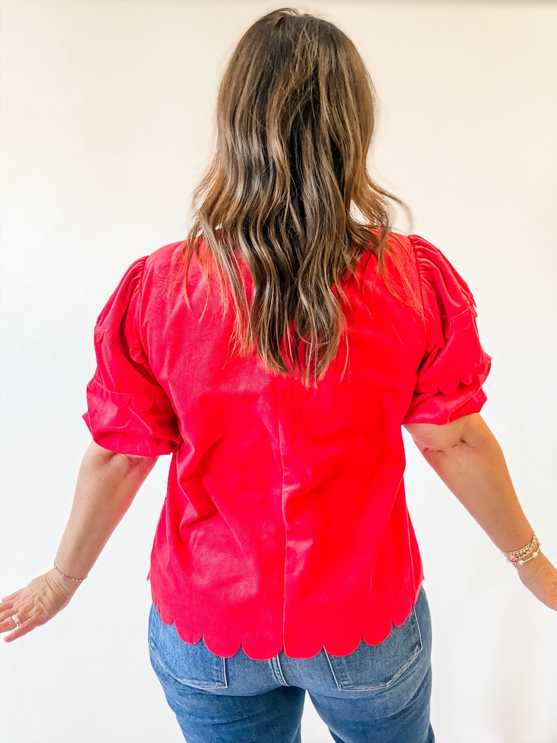 Red Velvet Scalloped Puff Sleeve Top - Just a Small Town Girl