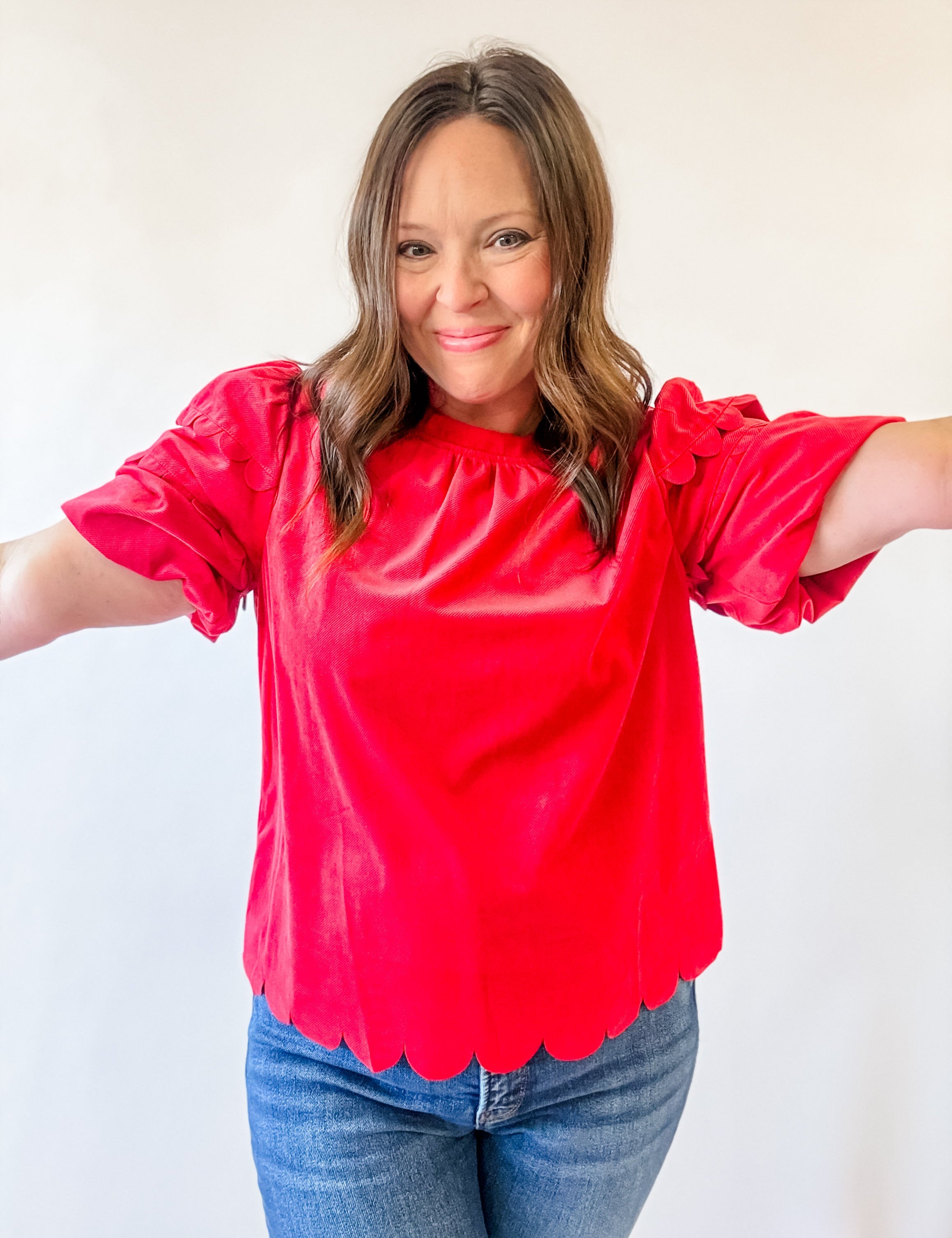Red Velvet Scalloped Puff Sleeve Top - Just a Small Town Girl